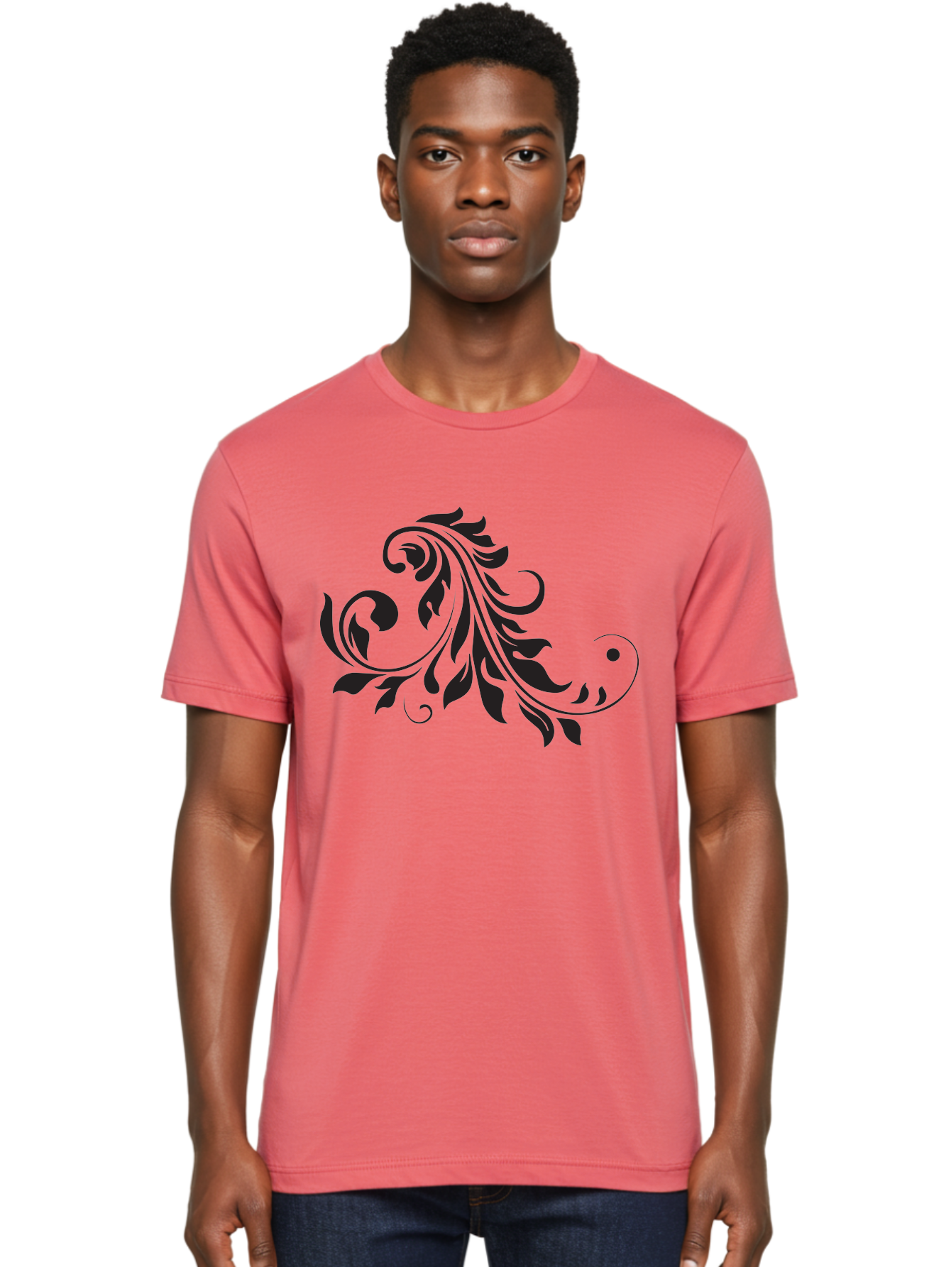 Floral-Design-1 Men'S Graphic Tee, 100% Cotton, Comfortable Casual Summer Wear, Machine Washable, Floral Design, Leafy Pattern, Curved Shapes, Decorative Art, Swirling Leaves, Elegant Design, Intricate Pattern, Black Silhouette Aac721