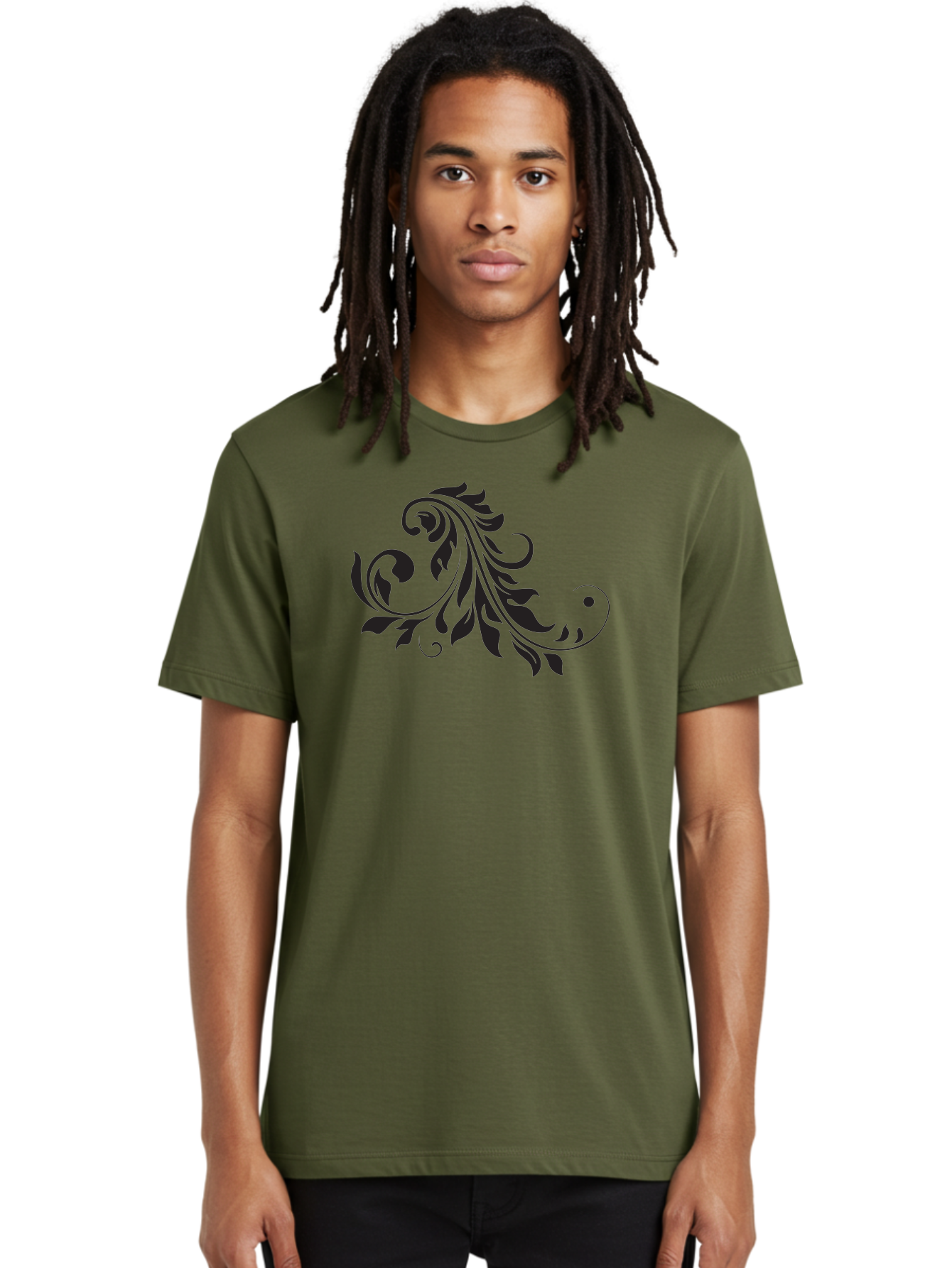 Floral-Design-1 Men'S Graphic Tee, 100% Cotton, Comfortable Casual Summer Wear, Machine Washable, Floral Design, Leafy Pattern, Curved Shapes, Decorative Art, Swirling Leaves, Elegant Design, Intricate Pattern, Black Silhouette Aac721