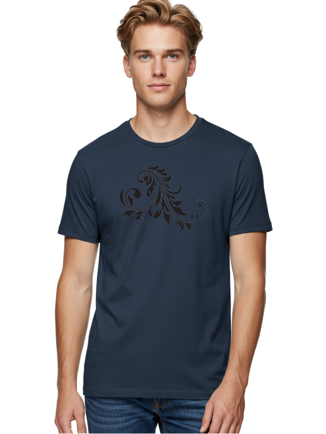 Floral-Design-1 Men'S Graphic Tee, 100% Cotton, Comfortable Casual Summer Wear, Machine Washable, Floral Design, Leafy Pattern, Curved Shapes, Decorative Art, Swirling Leaves, Elegant Design, Intricate Pattern, Black Silhouette Aac721