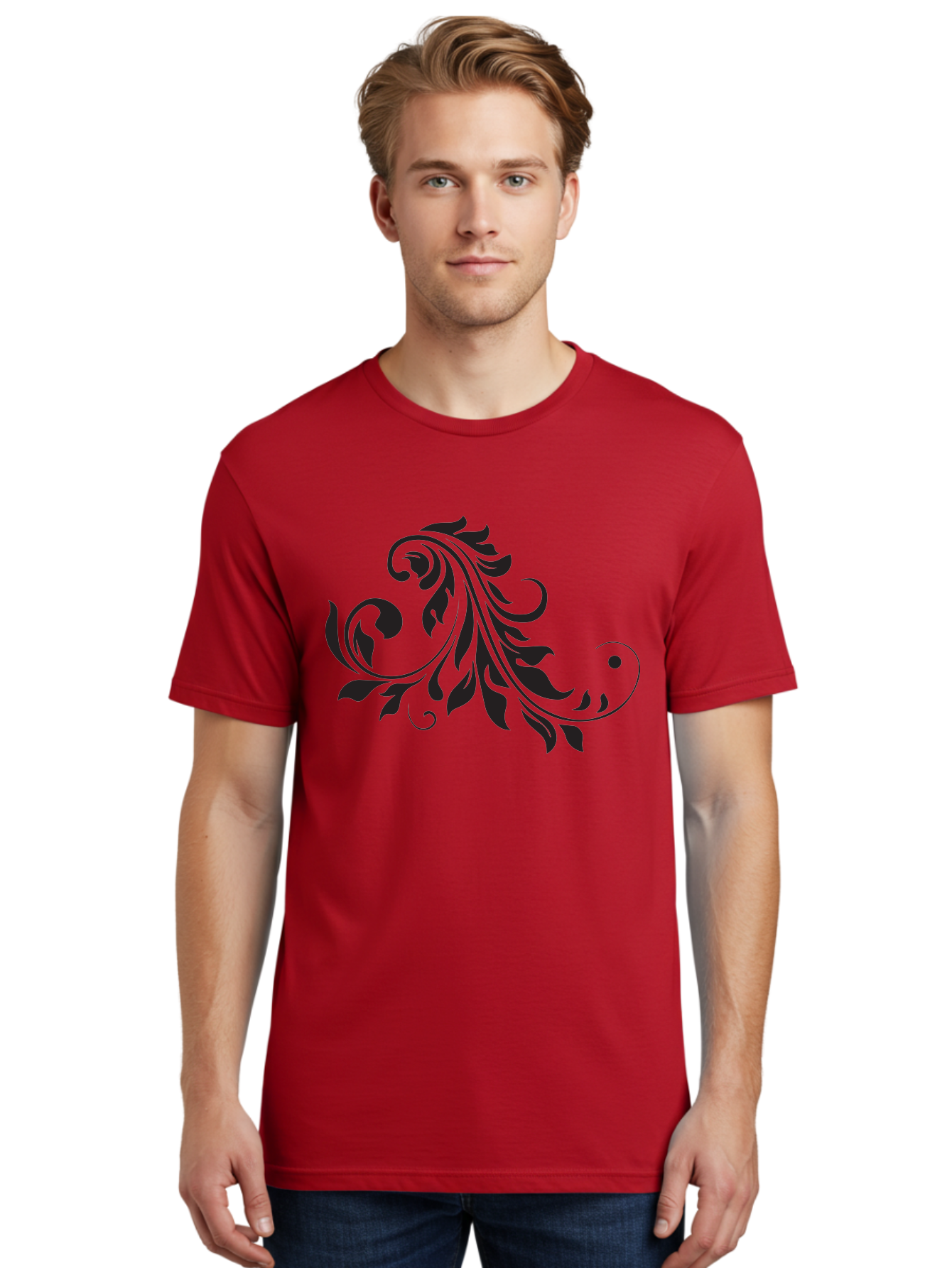 Floral-Design-1 Men'S Graphic Tee, 100% Cotton, Comfortable Casual Summer Wear, Machine Washable, Floral Design, Leafy Pattern, Curved Shapes, Decorative Art, Swirling Leaves, Elegant Design, Intricate Pattern, Black Silhouette Aac721