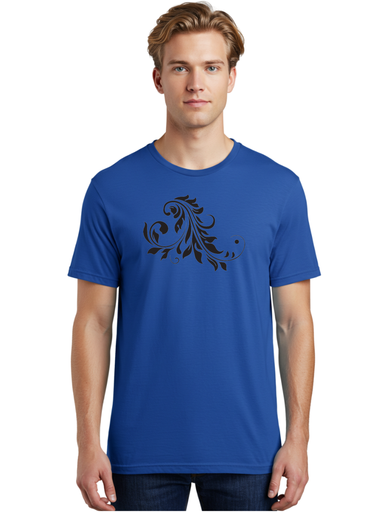 Floral-Design-1 Men'S Graphic Tee, 100% Cotton, Comfortable Casual Summer Wear, Machine Washable, Floral Design, Leafy Pattern, Curved Shapes, Decorative Art, Swirling Leaves, Elegant Design, Intricate Pattern, Black Silhouette Aac721