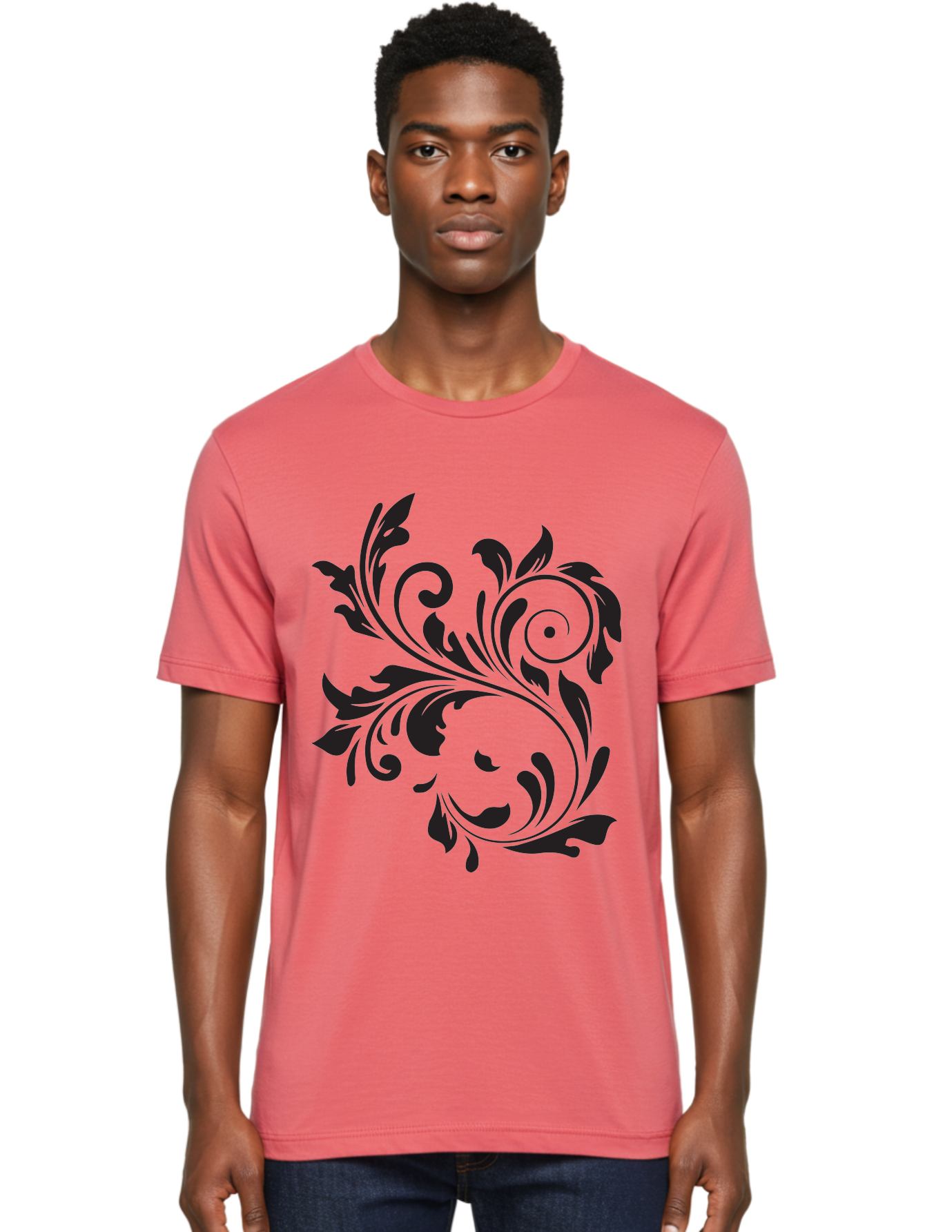 Floral-Design Men'S Graphic Tee, 100% Cotton, Comfortable Casual Summer Wear, Machine Washable, Floral Design, Black Floral, Swirling Leaves, Curved Petals, Artistic Decoration, Elegant Motif, Intricate Pattern, Luxury Decor Aac724