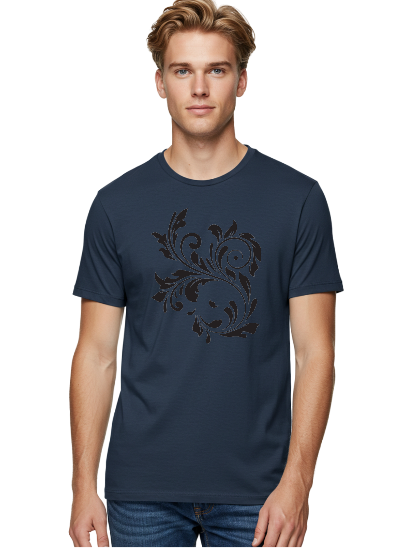 Floral-Design Men'S Graphic Tee, 100% Cotton, Comfortable Casual Summer Wear, Machine Washable, Floral Design, Black Floral, Swirling Leaves, Curved Petals, Artistic Decoration, Elegant Motif, Intricate Pattern, Luxury Decor Aac724