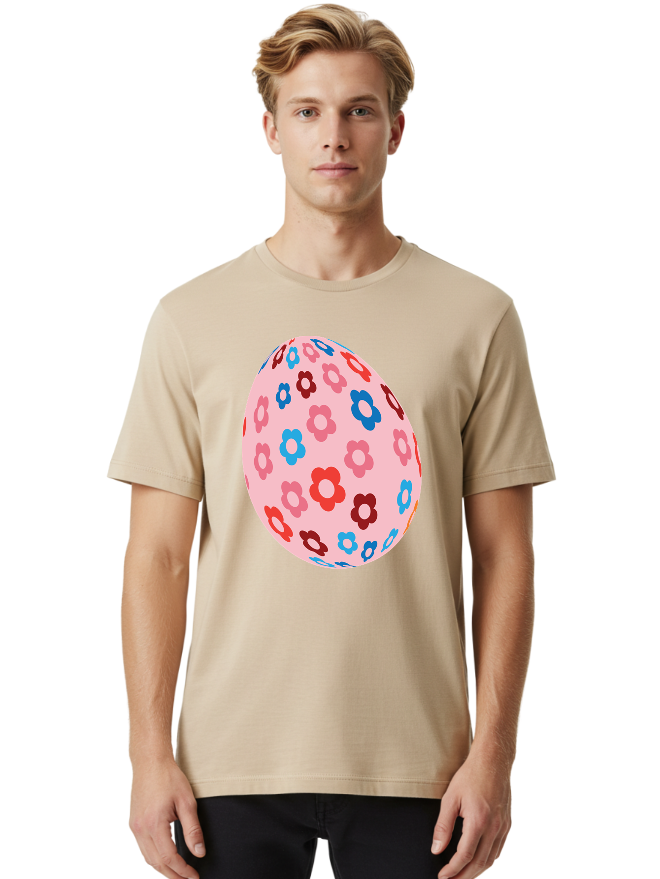 Floral-Egg-2 Men'S Graphic Tee, 100% Cotton, Comfortable Casual Summer Wear, Machine Washable, Easter Egg, Floral Pattern, Pink Background, Red Flowers, Blue Flowers, Colorful Design, Spring Theme, Easter Decoration, Digital Illustration, Aac730
