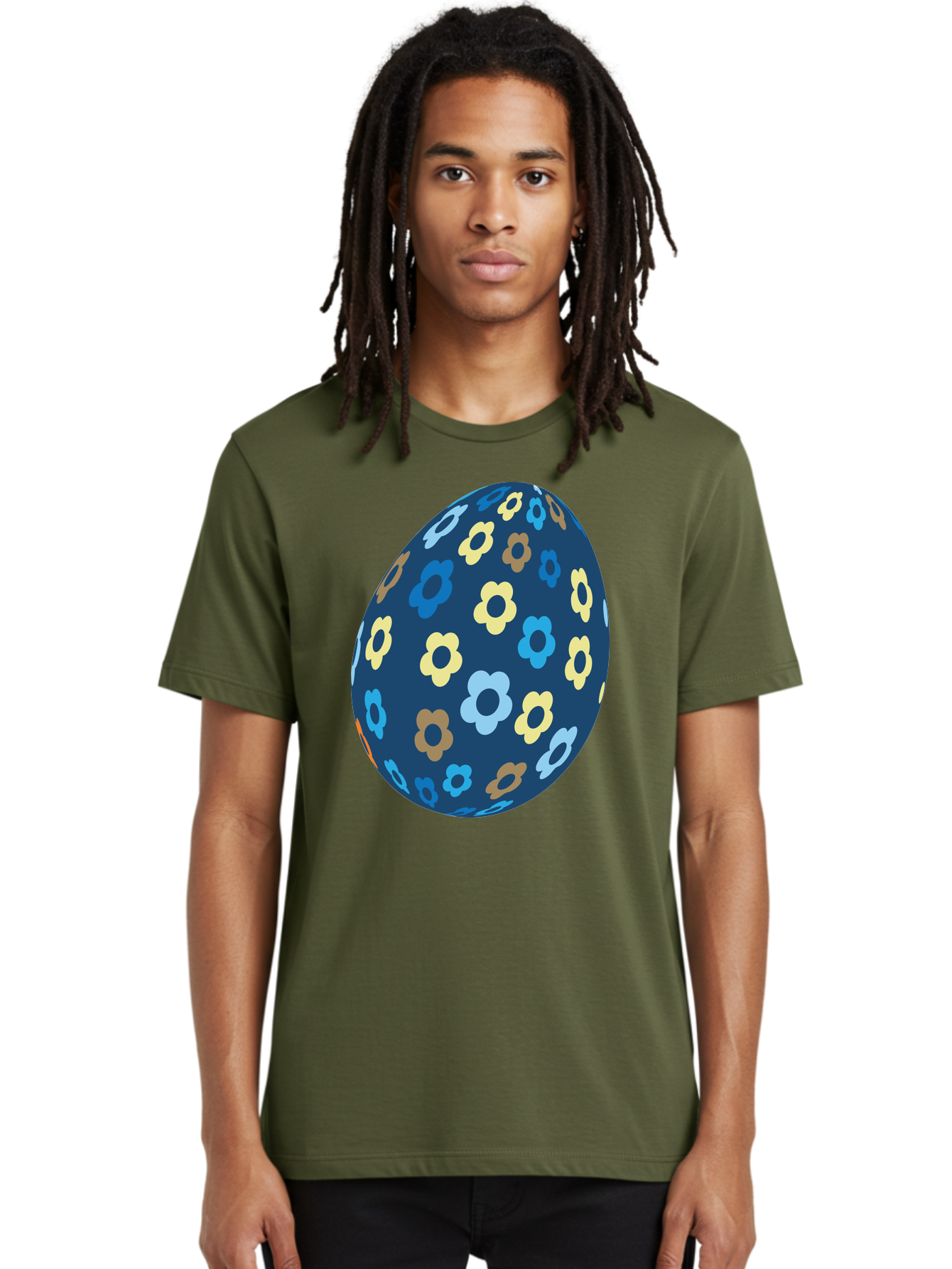 Floral-Egg-3 Men'S Graphic Tee, 100% Cotton, Comfortable Casual Summer Wear, Machine Washable, Easter Egg, Floral Pattern, Pastel Colors, Blue Egg, Yellow Flowers, Brown Flowers, Light Blue Flowers, Spring Theme, Easter Decoration Aac731