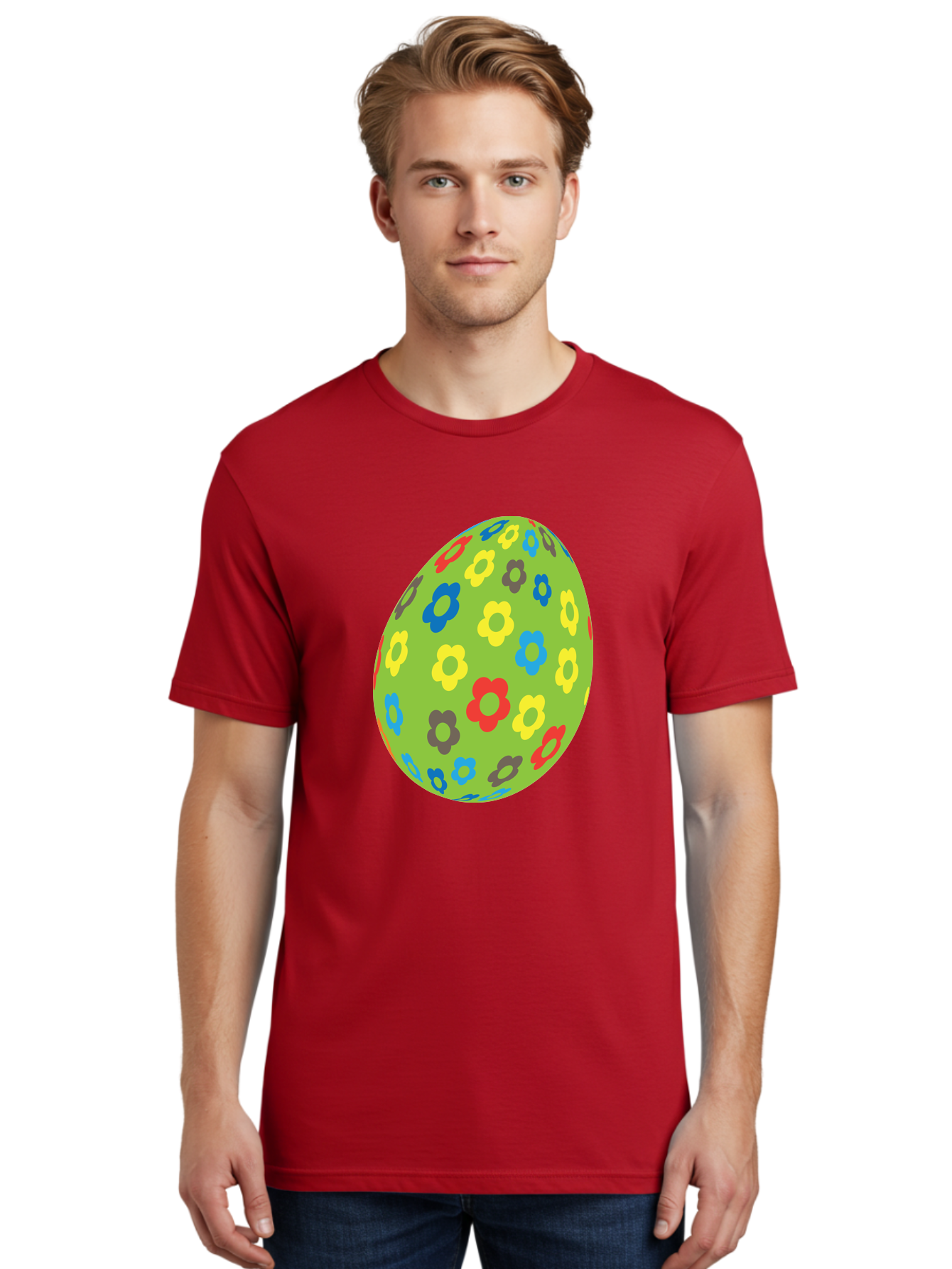 Floral-Egg Men'S Graphic Tee, 100% Cotton, Comfortable Casual Summer Wear, Machine Washable, Decorated Egg, Floral Pattern, Colorful Flowers, Easter Egg Decoration, Spring Theme, Festive Design, Cartoon Style, Red, Blue, Yellow, Purple Flowers Aac732