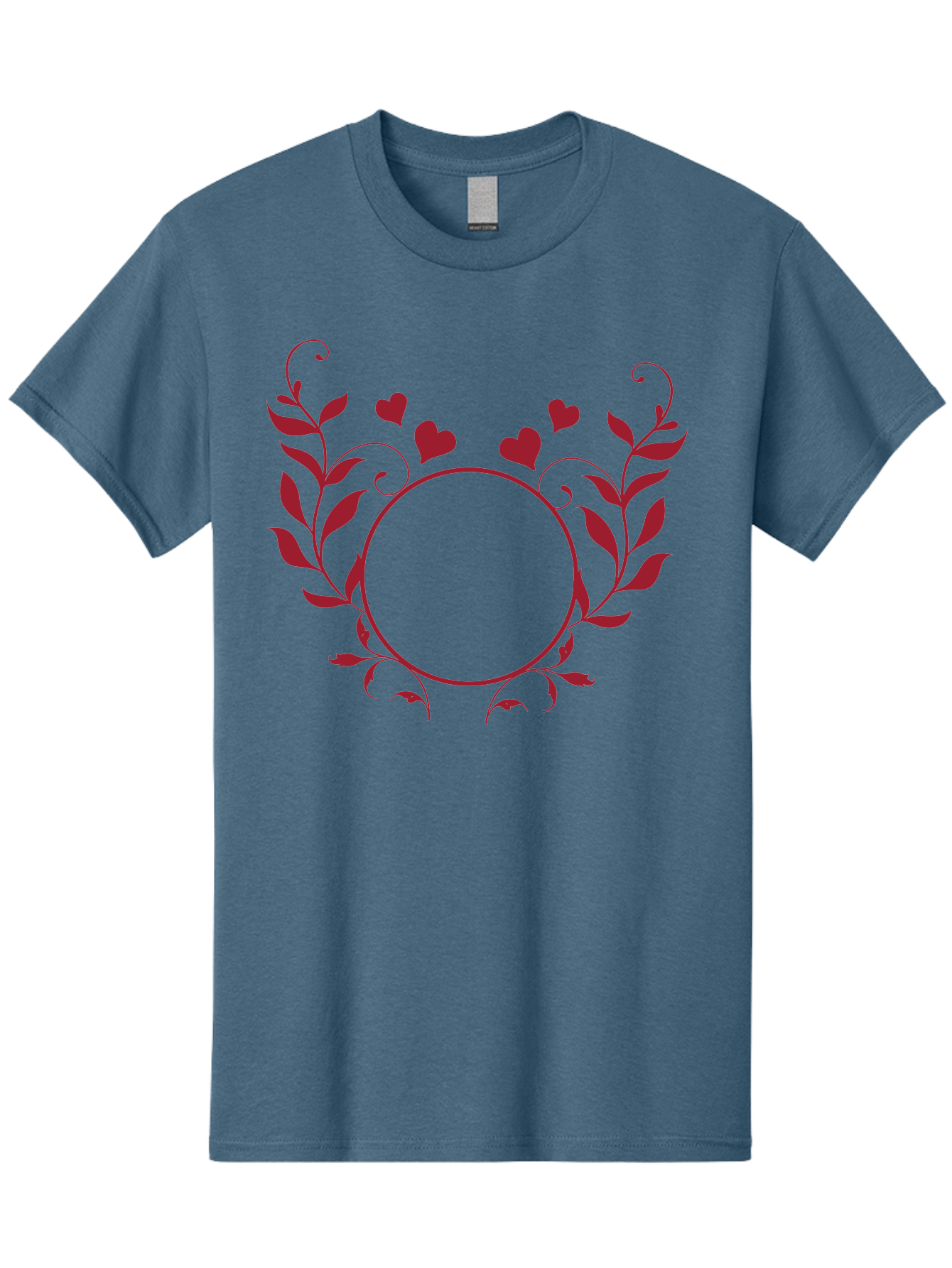 Floral-Heart-Design Men'S Graphic Tee, 100% Cotton, Comfortable Casual Summer Wear, Machine Washable, Floral Frame, Heart Decoration, Circular Border, Leafy Design, Red Hearts, Romantic Theme, Elegant Frame, Valentine'S Day Decor Aac734