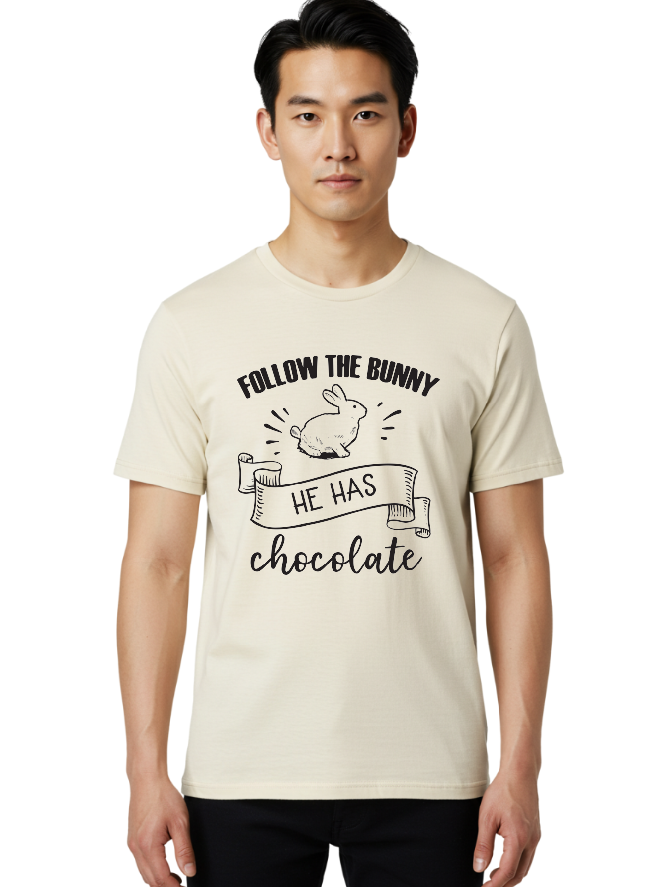 Follow-The-Bunny Men'S Graphic Tee, 100% Cotton, Comfortable Casual Summer Wear, Machine Washable, Easter Bunny, Chocolate Bunny, Follow The Bunny, Easter Treats, Candy Hunt, Bunny Illustration, Chocolate Sweets, Easter Fun, Bunny Graphics Aac739