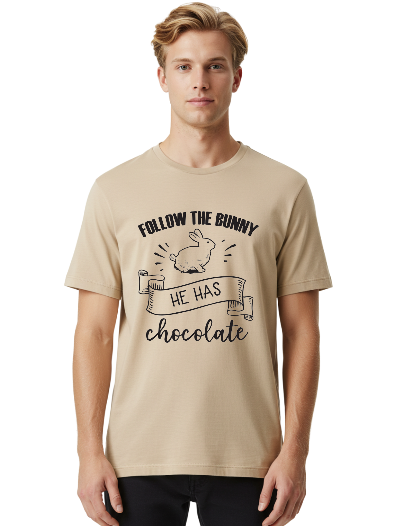 Follow-The-Bunny Men'S Graphic Tee, 100% Cotton, Comfortable Casual Summer Wear, Machine Washable, Easter Bunny, Chocolate Bunny, Follow The Bunny, Easter Treats, Candy Hunt, Bunny Illustration, Chocolate Sweets, Easter Fun, Bunny Graphics Aac739