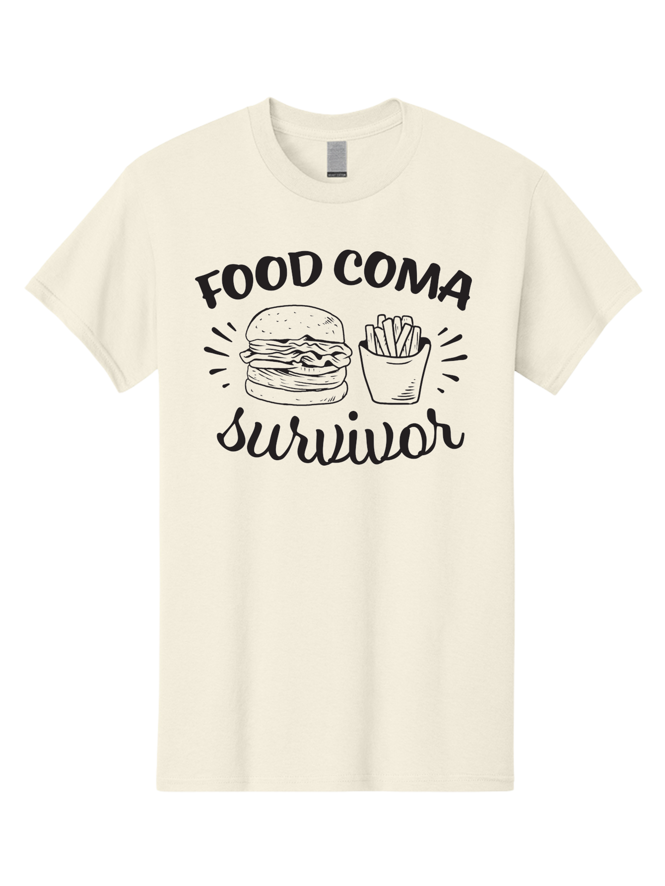 Food-Coma-Survivor Men'S Graphic Tee, 100% Cotton, Comfortable Casual Summer Wear, Machine Washable, Fast Food, Comfort Food, Burger And Fries, Food Coma, Survivor, Funny Quote, Quirky Humor, Foodie Culture, Casual Dining Aac741
