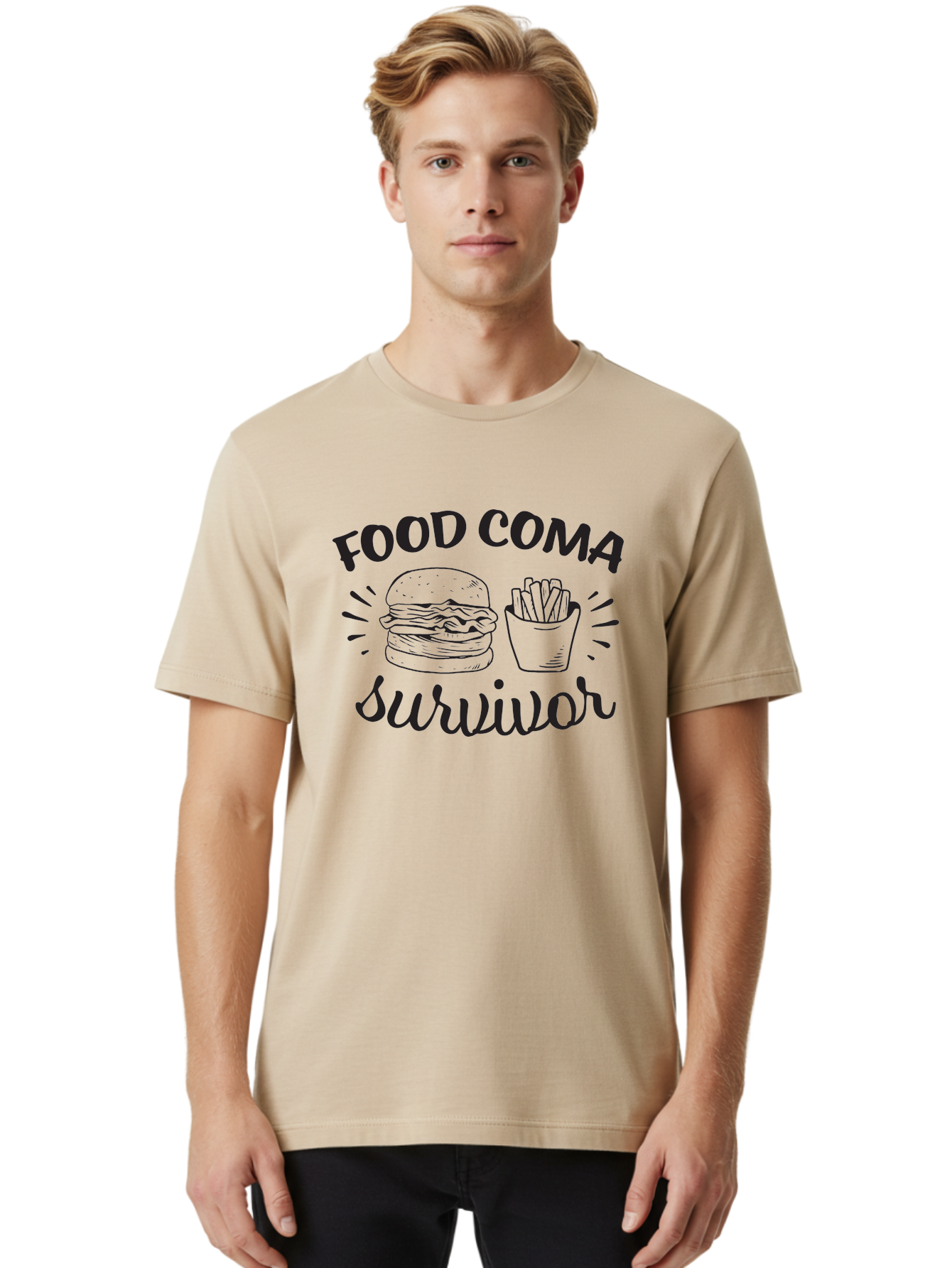 Food-Coma-Survivor Men'S Graphic Tee, 100% Cotton, Comfortable Casual Summer Wear, Machine Washable, Fast Food, Comfort Food, Burger And Fries, Food Coma, Survivor, Funny Quote, Quirky Humor, Foodie Culture, Casual Dining Aac741