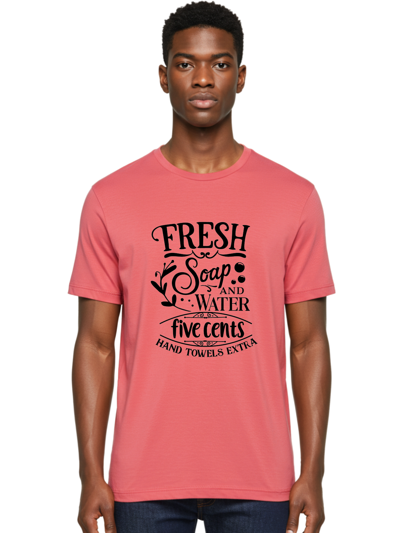Fresh-Soap-And-Water Men'S Graphic Tee, 100% Cotton, Comfortable Casual Summer Wear, Machine Washable, Vintage Bathroom Decor, Soap And Water, Five Cents, Hand Towels Extra, Retro Style, Black And Green Color Scheme, Decorative Typography, Aac747