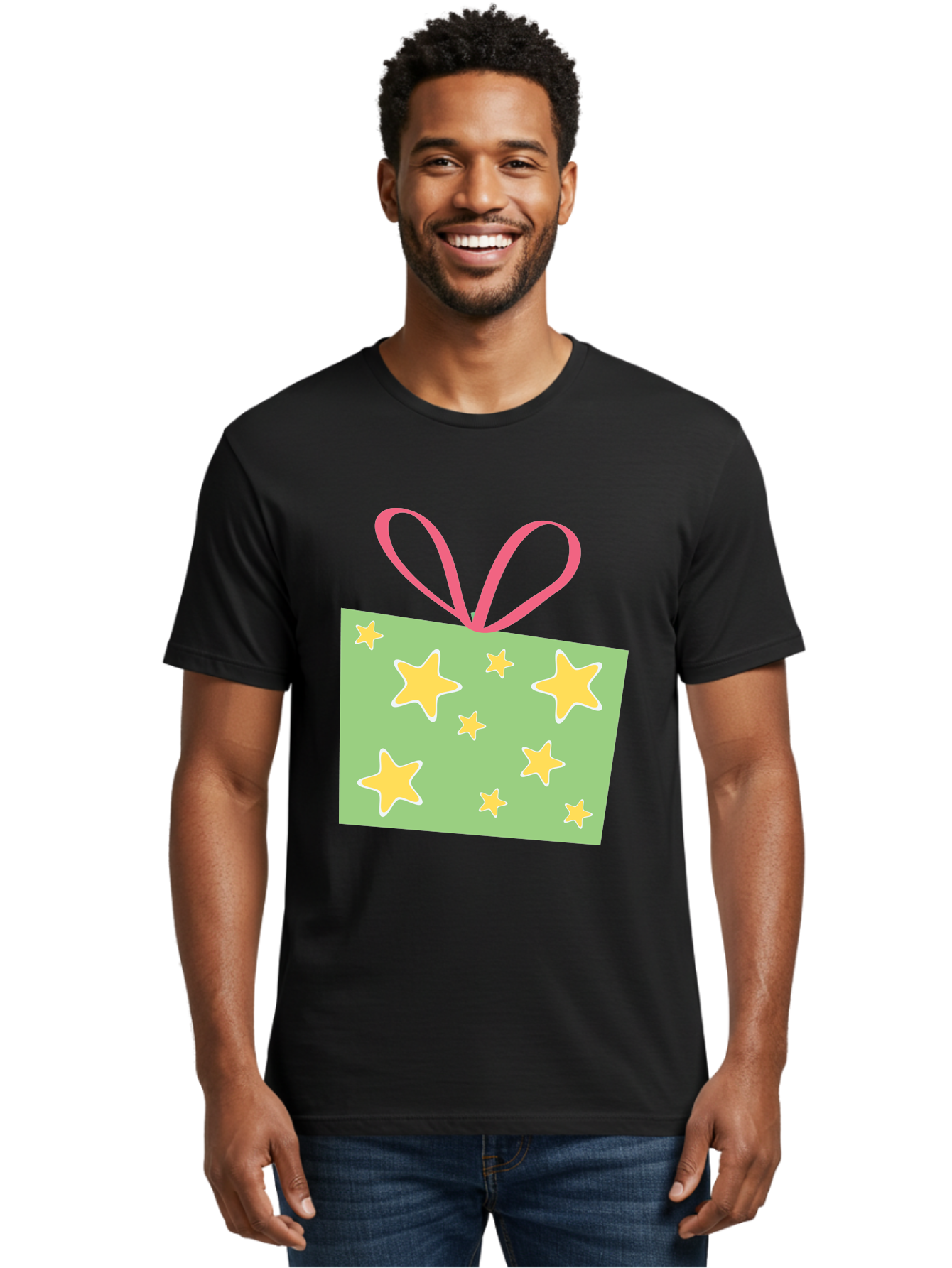 Gift-Tag-Stars Men'S Graphic Tee, 100% Cotton, Comfortable Casual Summer Wear, Machine Washable, Gift Tag, Yellow Stars, Pink Ribbon, Festive Design, Celebratory Theme, Decorative Element, Party Favor, Gift Decoration, Shiny Stars Aac754