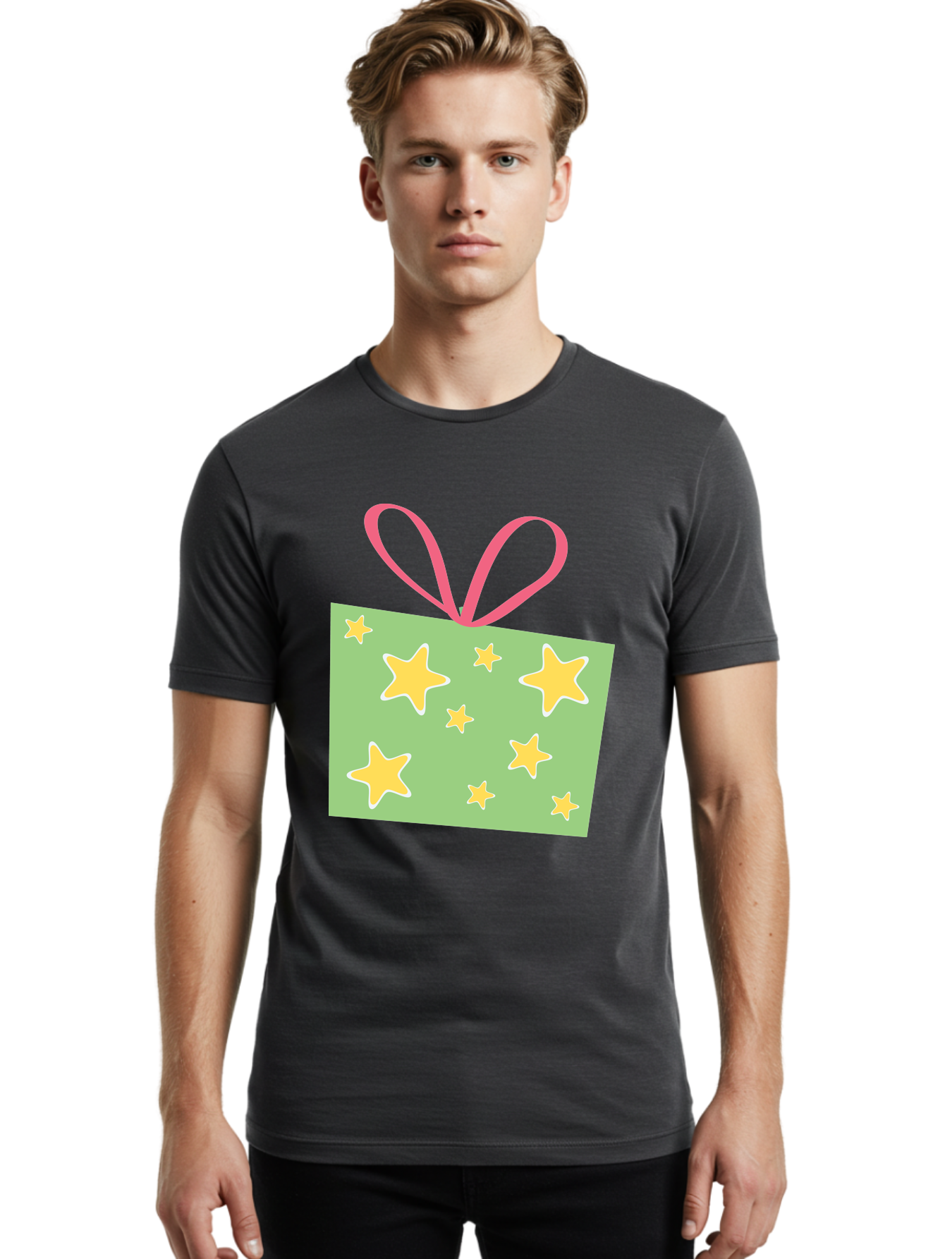 Gift-Tag-Stars Men'S Graphic Tee, 100% Cotton, Comfortable Casual Summer Wear, Machine Washable, Gift Tag, Yellow Stars, Pink Ribbon, Festive Design, Celebratory Theme, Decorative Element, Party Favor, Gift Decoration, Shiny Stars Aac754