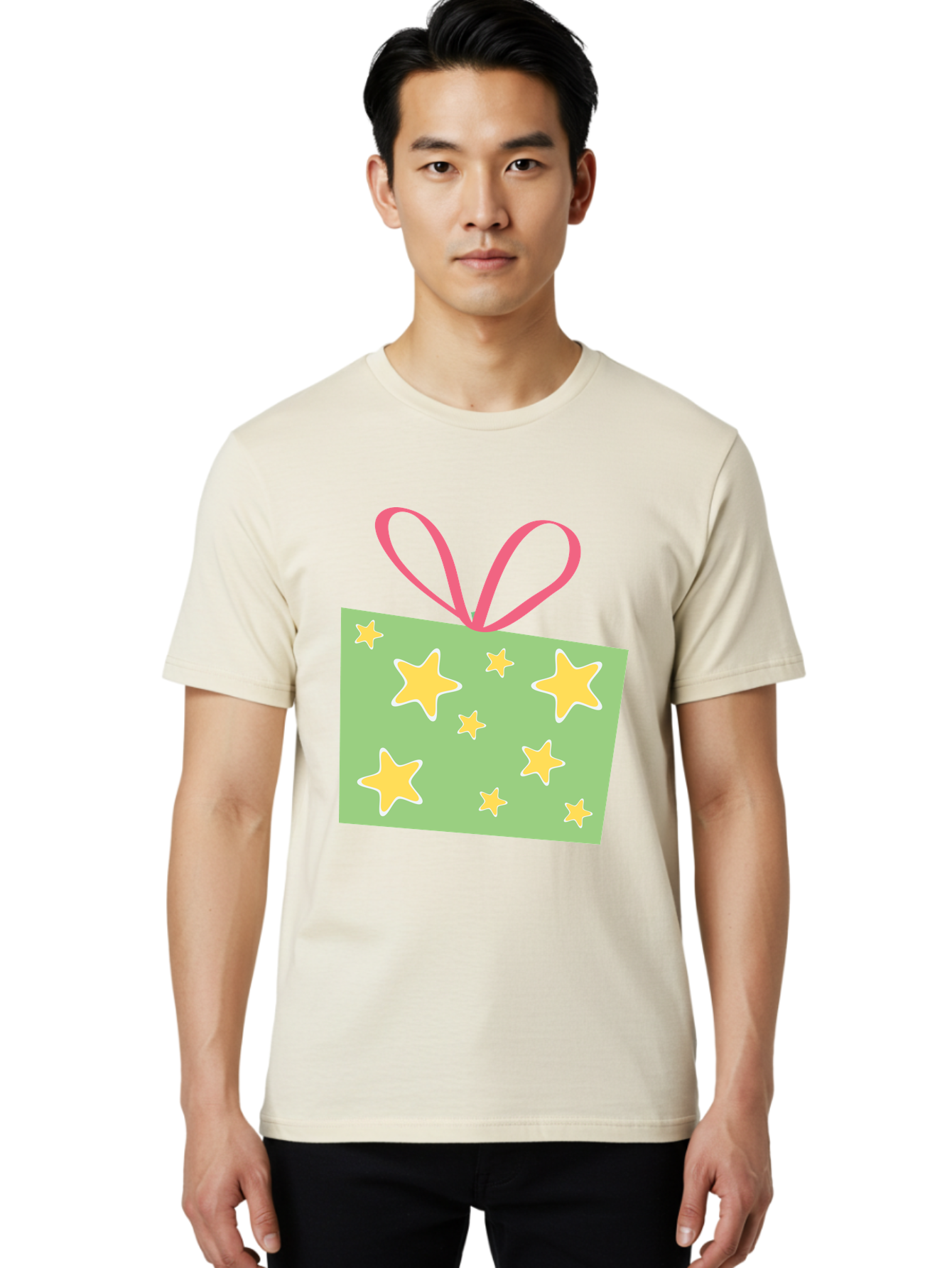 Gift-Tag-Stars Men'S Graphic Tee, 100% Cotton, Comfortable Casual Summer Wear, Machine Washable, Gift Tag, Yellow Stars, Pink Ribbon, Festive Design, Celebratory Theme, Decorative Element, Party Favor, Gift Decoration, Shiny Stars Aac754
