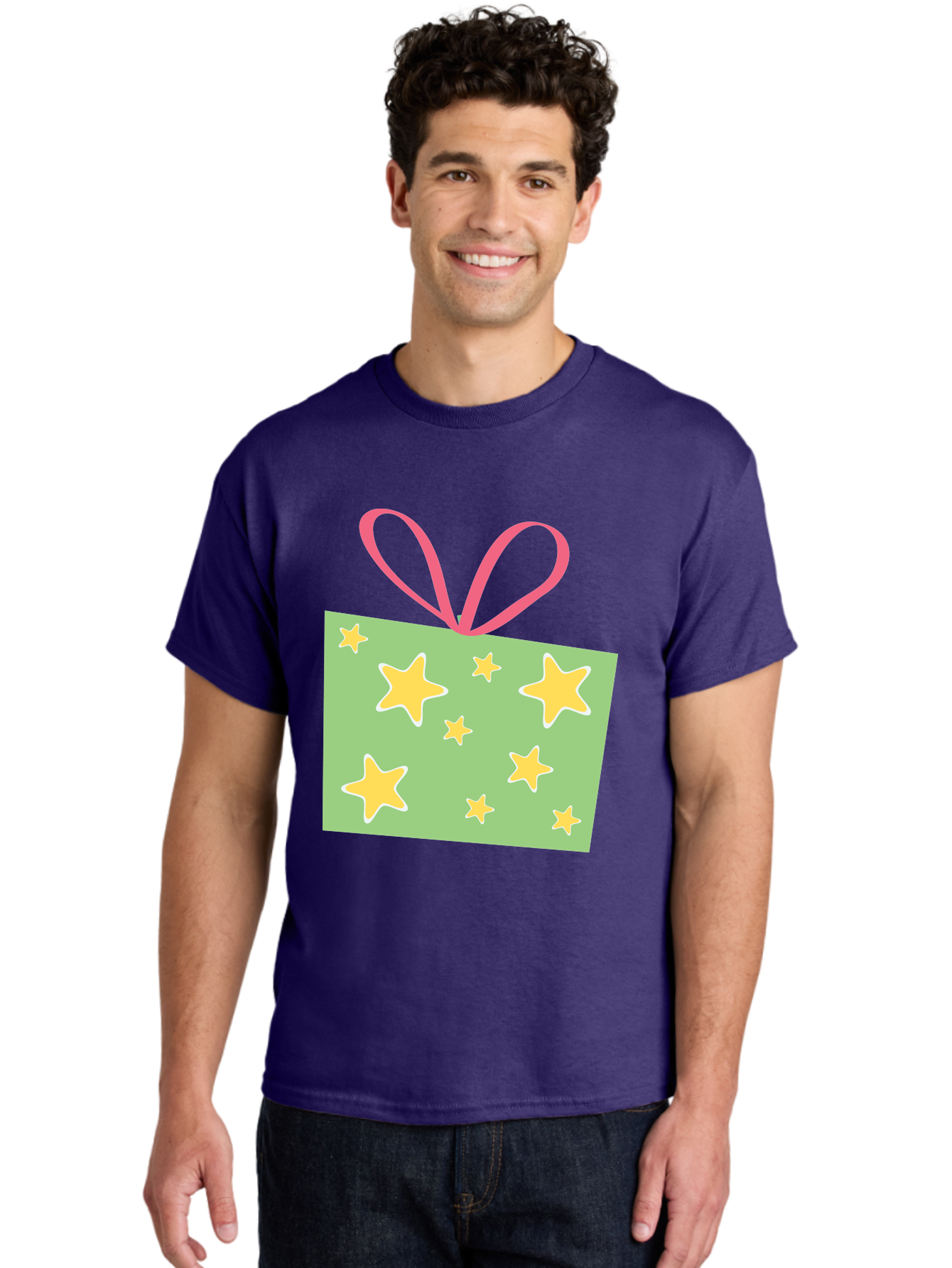 Gift-Tag-Stars Men'S Graphic Tee, 100% Cotton, Comfortable Casual Summer Wear, Machine Washable, Gift Tag, Yellow Stars, Pink Ribbon, Festive Design, Celebratory Theme, Decorative Element, Party Favor, Gift Decoration, Shiny Stars Aac754