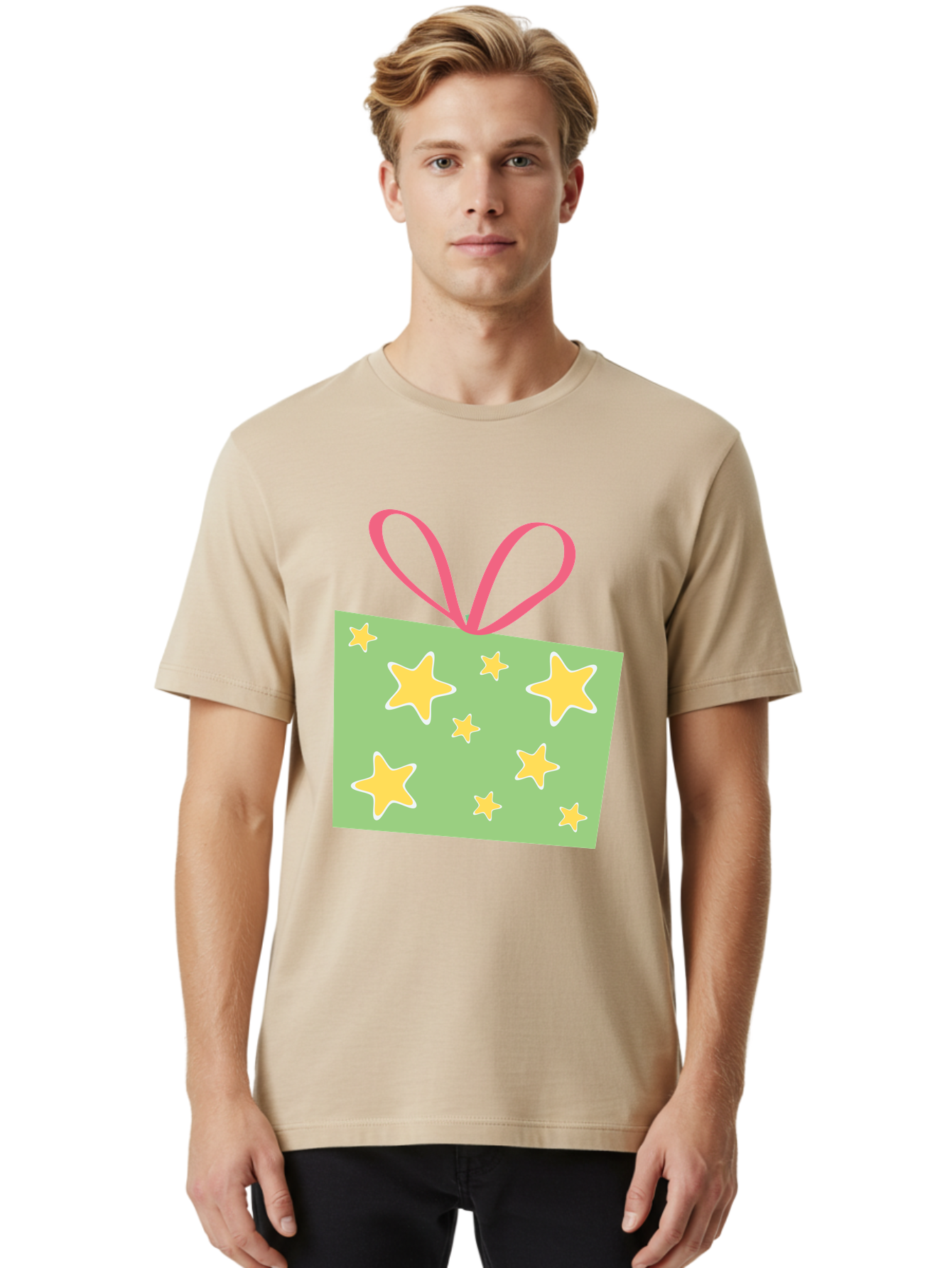 Gift-Tag-Stars Men'S Graphic Tee, 100% Cotton, Comfortable Casual Summer Wear, Machine Washable, Gift Tag, Yellow Stars, Pink Ribbon, Festive Design, Celebratory Theme, Decorative Element, Party Favor, Gift Decoration, Shiny Stars Aac754