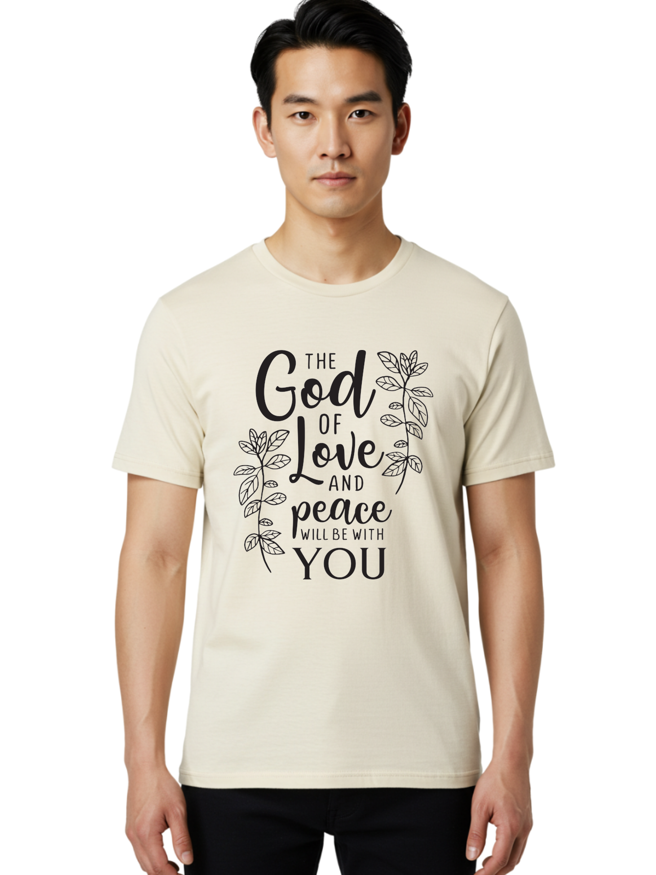 God-Of-Love-And-Peace Men'S Graphic Tee, 100% Cotton, Comfortable Casual Summer Wear, Machine Washable, Inspirational Quote, God Of Love And Peace, Uplifting Message, Positive Affirmation, Leafy Design, Black Typography, Spiritual Words, Aac766