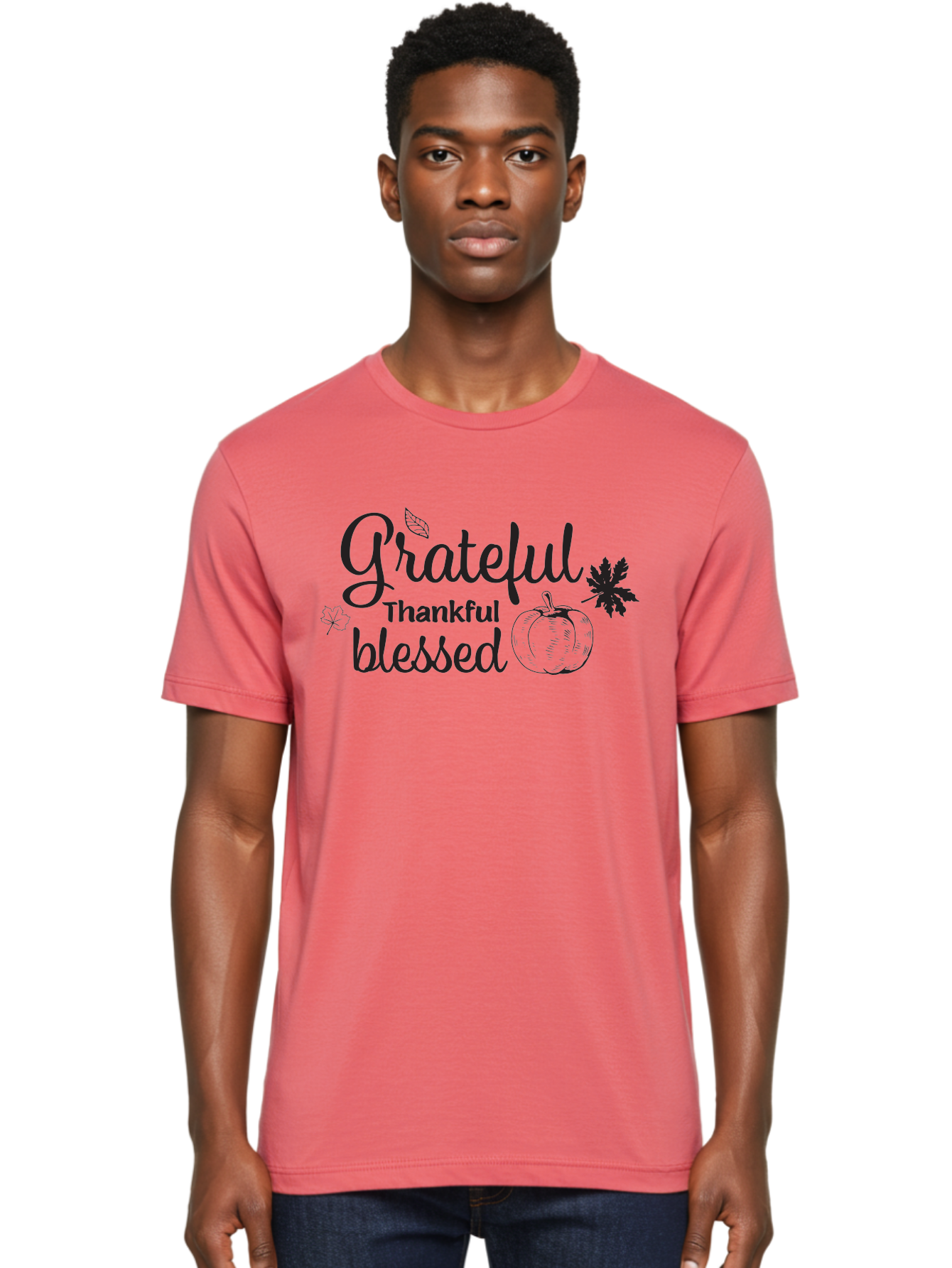 Grateful-Thankful-Blessed Men'S Graphic Tee, 100% Cotton, Comfortable Casual Summer Wear, Machine Washable, Grateful Thankful Blessed, Fall Season, Autumn Leaves, Pumpkin Illustration, Harvest Theme, Positive Vibes, Gratitude, Thankfulness, Aac777