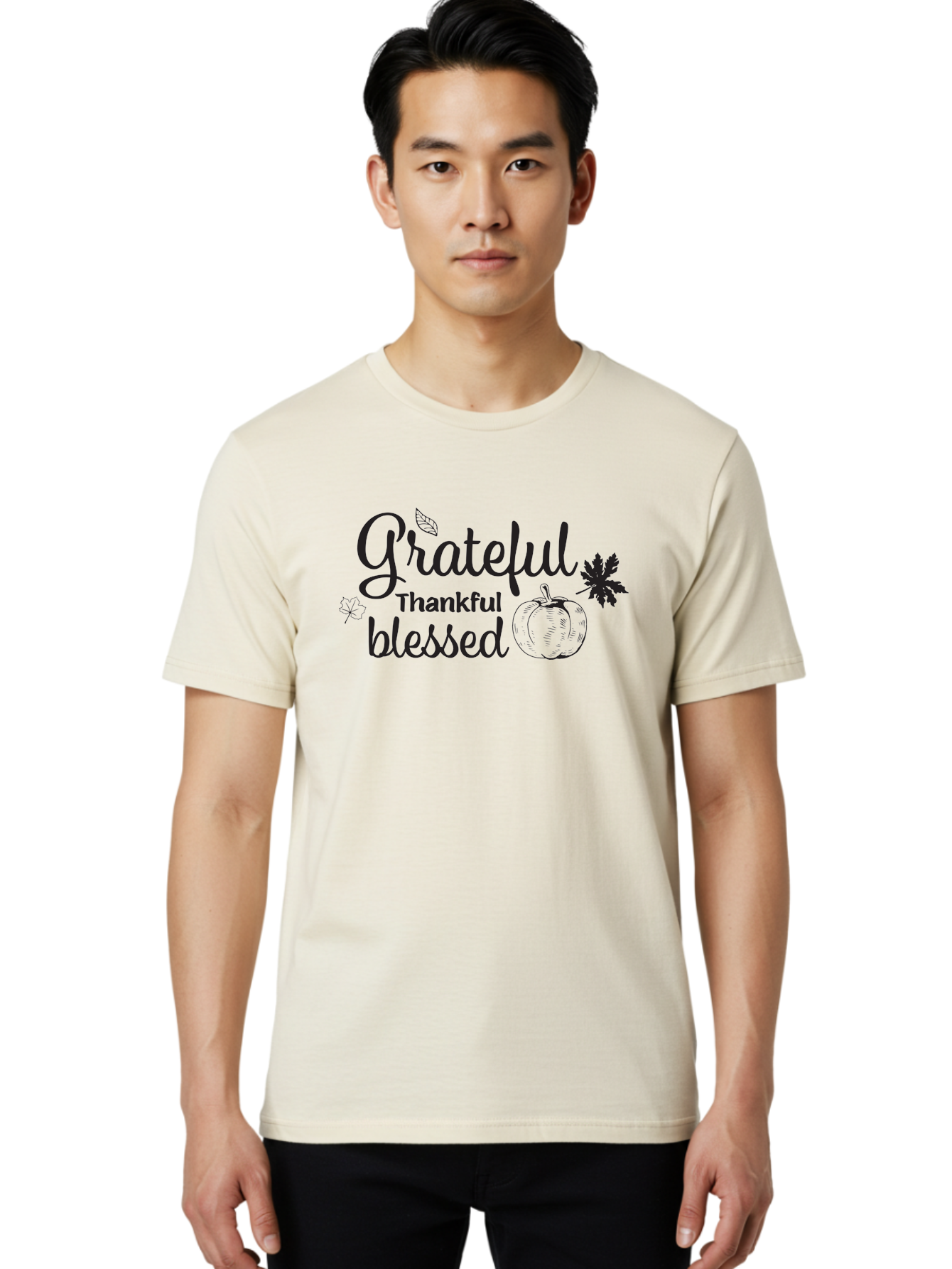 Grateful-Thankful-Blessed Men'S Graphic Tee, 100% Cotton, Comfortable Casual Summer Wear, Machine Washable, Grateful Thankful Blessed, Fall Season, Autumn Leaves, Pumpkin Illustration, Harvest Theme, Positive Vibes, Gratitude, Thankfulness, Aac777