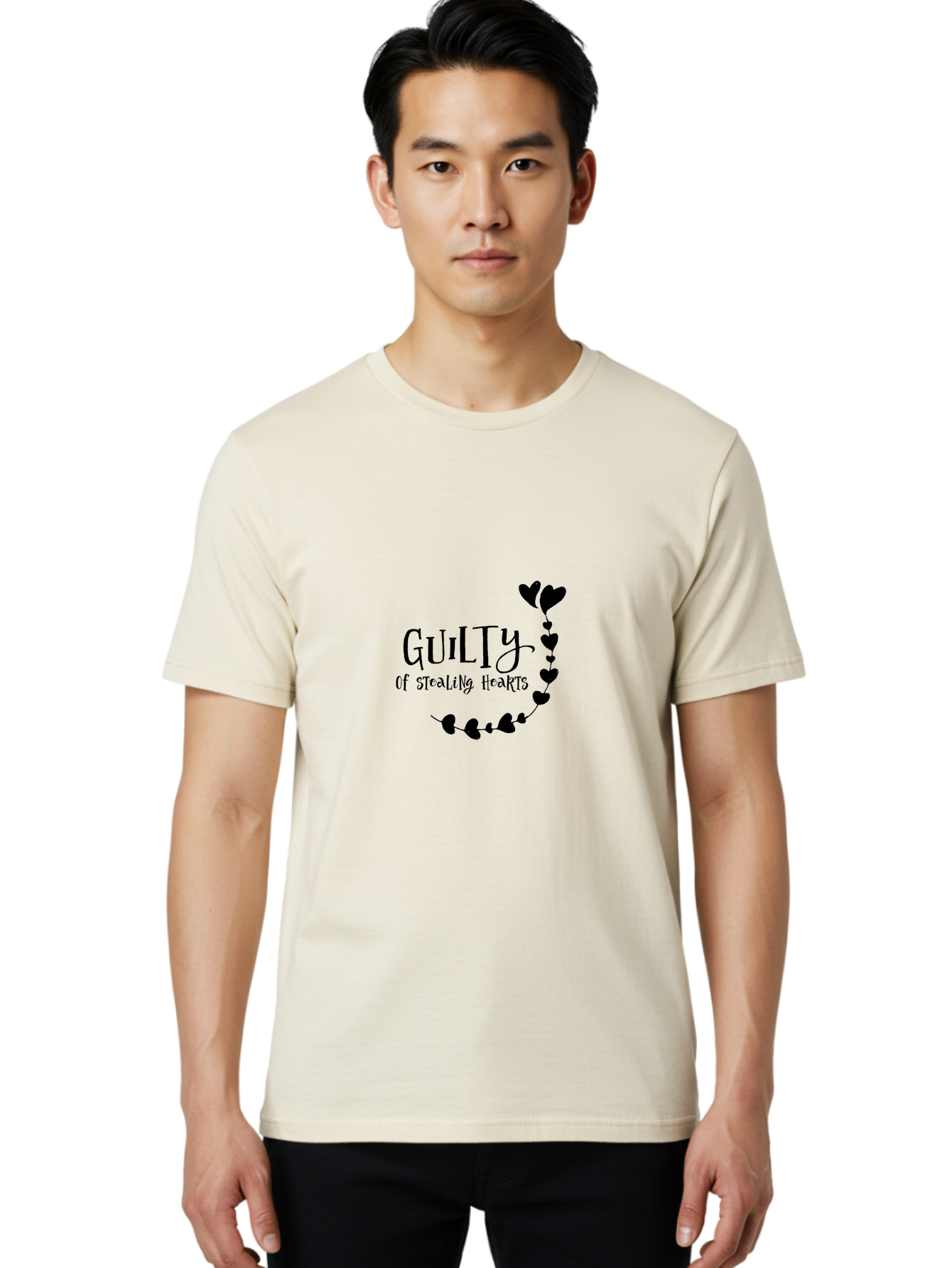 Guilty-Of-Stealing-Hearts Men'S Graphic Tee, 100% Cotton, Comfortable Casual Summer Wear, Machine Washable, Guilty Of Stealing Hearts, Heartbreak, Love, Valentines Day, Romance, Black Hearts, Love Affair, Heart Design, Playful Font Aac782