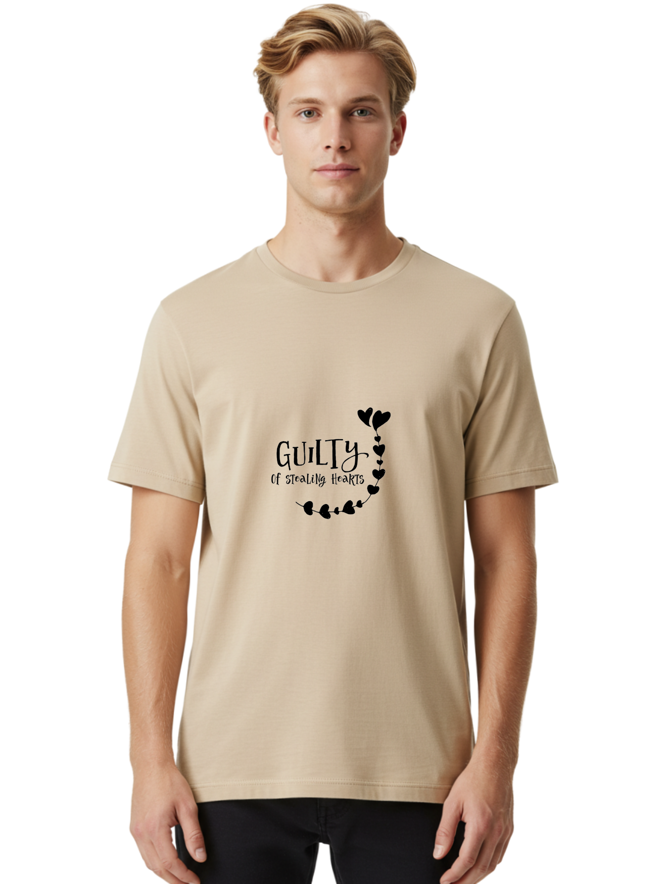Guilty-Of-Stealing-Hearts Men'S Graphic Tee, 100% Cotton, Comfortable Casual Summer Wear, Machine Washable, Guilty Of Stealing Hearts, Heartbreak, Love, Valentines Day, Romance, Black Hearts, Love Affair, Heart Design, Playful Font Aac782