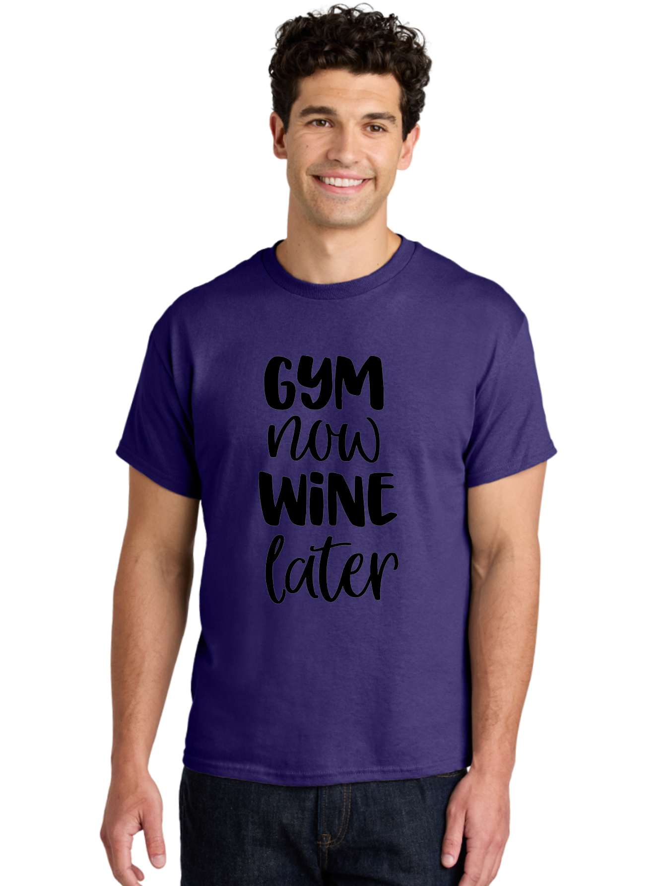 Gym-Now-Wine-Later-1 Men'S Graphic Tee, 100% Cotton, Comfortable Casual Summer Wear, Machine Washable, Gym Motivation, Fitness Quotes, Wine Lover, Fitness Humor, Workout Inspiration, Funny Sayings, Wine Time, Gym Now Wine Later Aac783