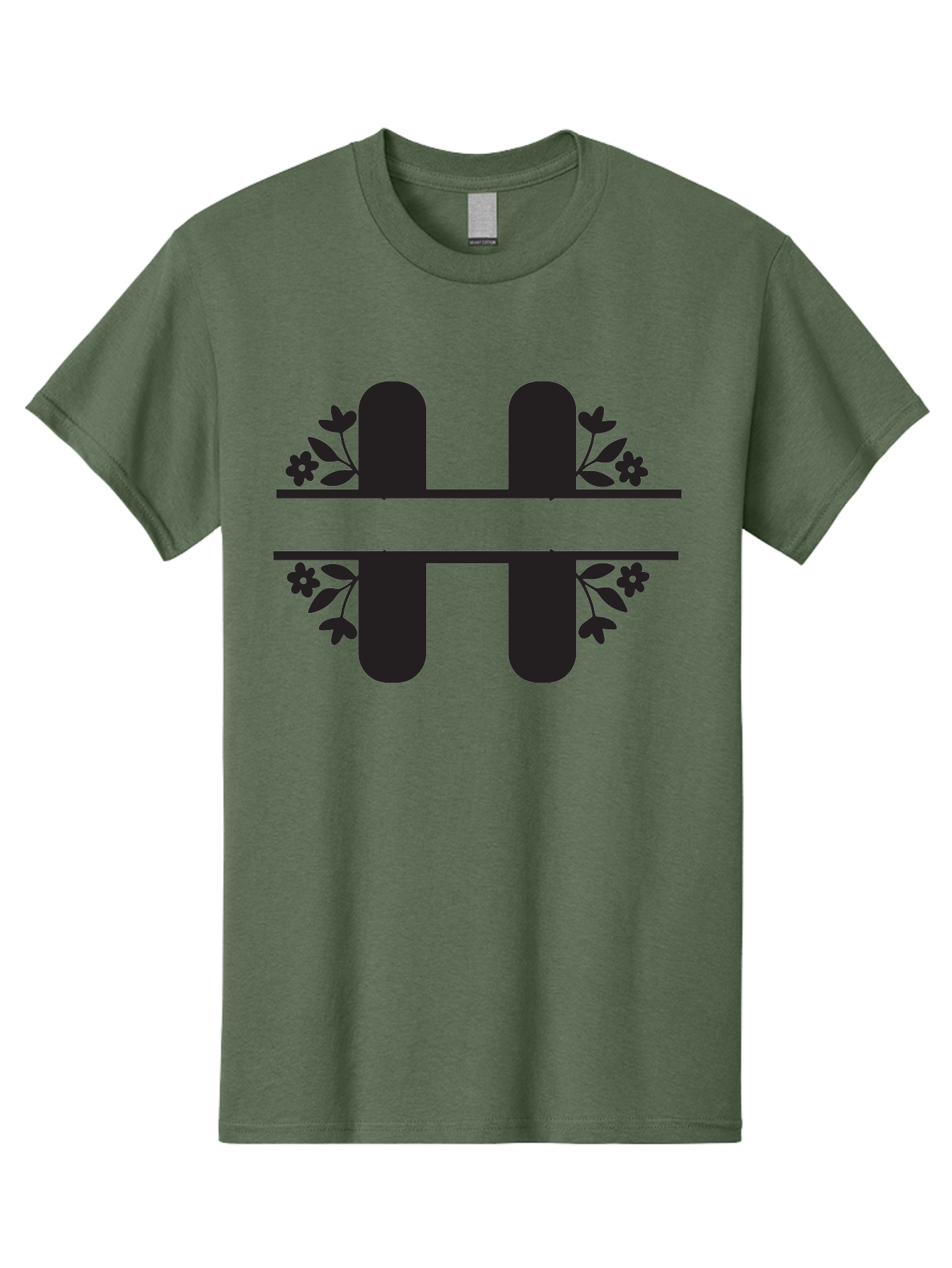 H-Symbol Men'S Graphic Tee, 100% Cotton, Comfortable Casual Summer Wear, Machine Washable, Stylized Letter H, Floral Accents, Decorative Typography, Black And Green Color Scheme, Elegant Font, Leaves And Flowers Aac785