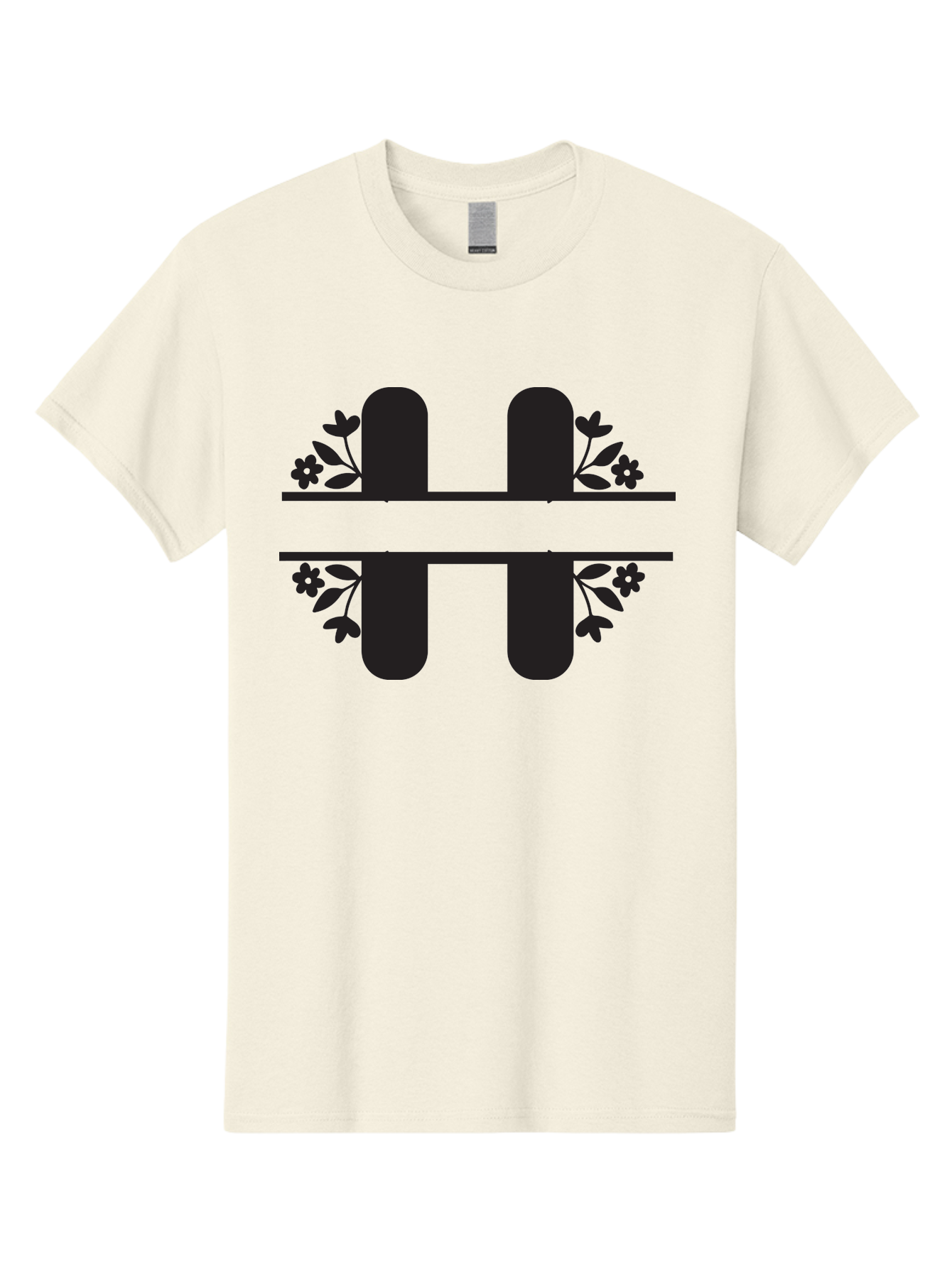 H-Symbol Men'S Graphic Tee, 100% Cotton, Comfortable Casual Summer Wear, Machine Washable, Stylized Letter H, Floral Accents, Decorative Typography, Black And Green Color Scheme, Elegant Font, Leaves And Flowers Aac785