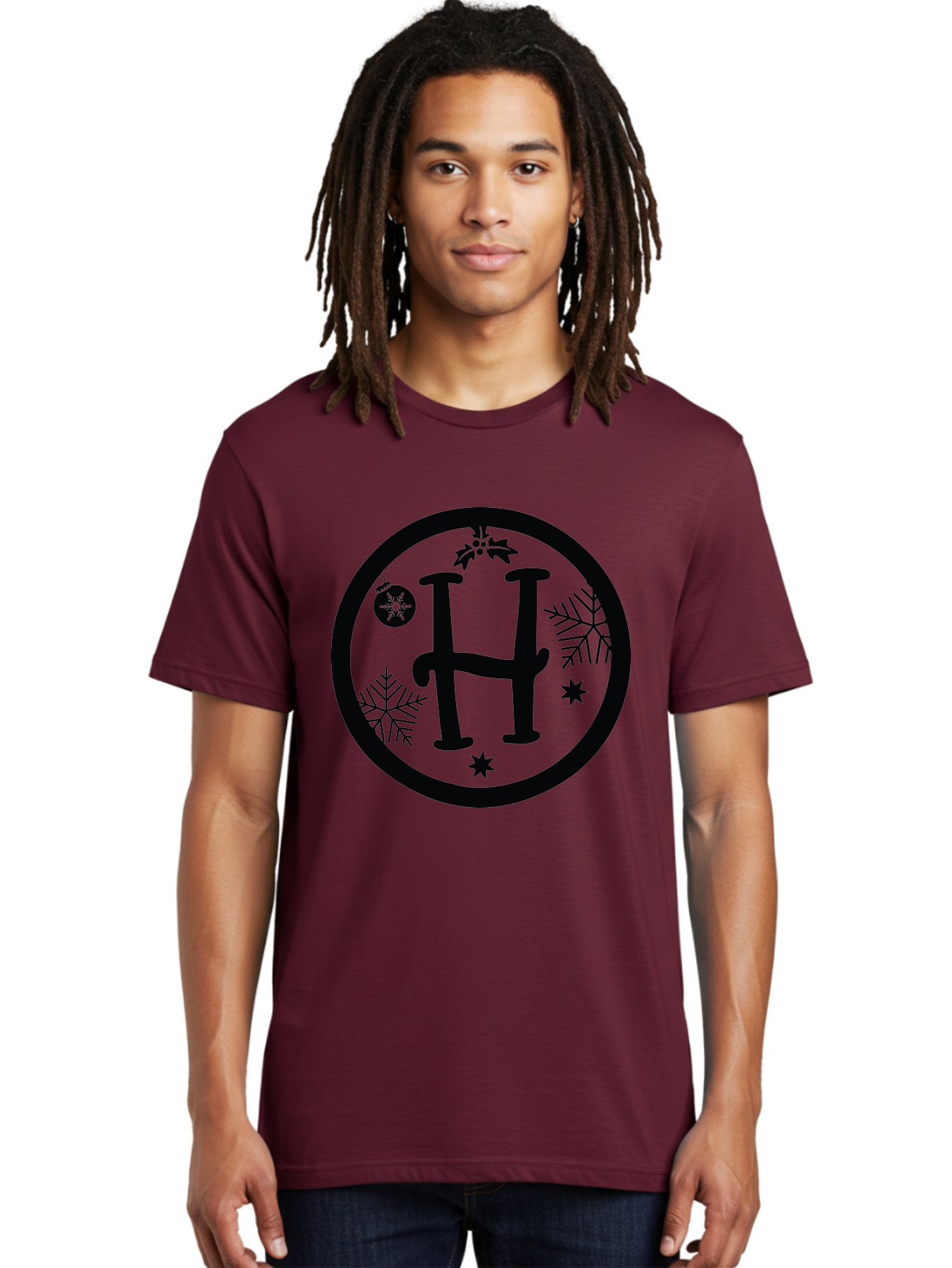 H Men'S Graphic Tee, 100% Cotton, Comfortable Casual Summer Wear, Machine Washable, H Logo, Black Letter, Circular Frame, Snowflakes, Stars, Christmas Ornament, Winter Theme, Festive Design, Holiday Graphics, Decorative Elements Aac786