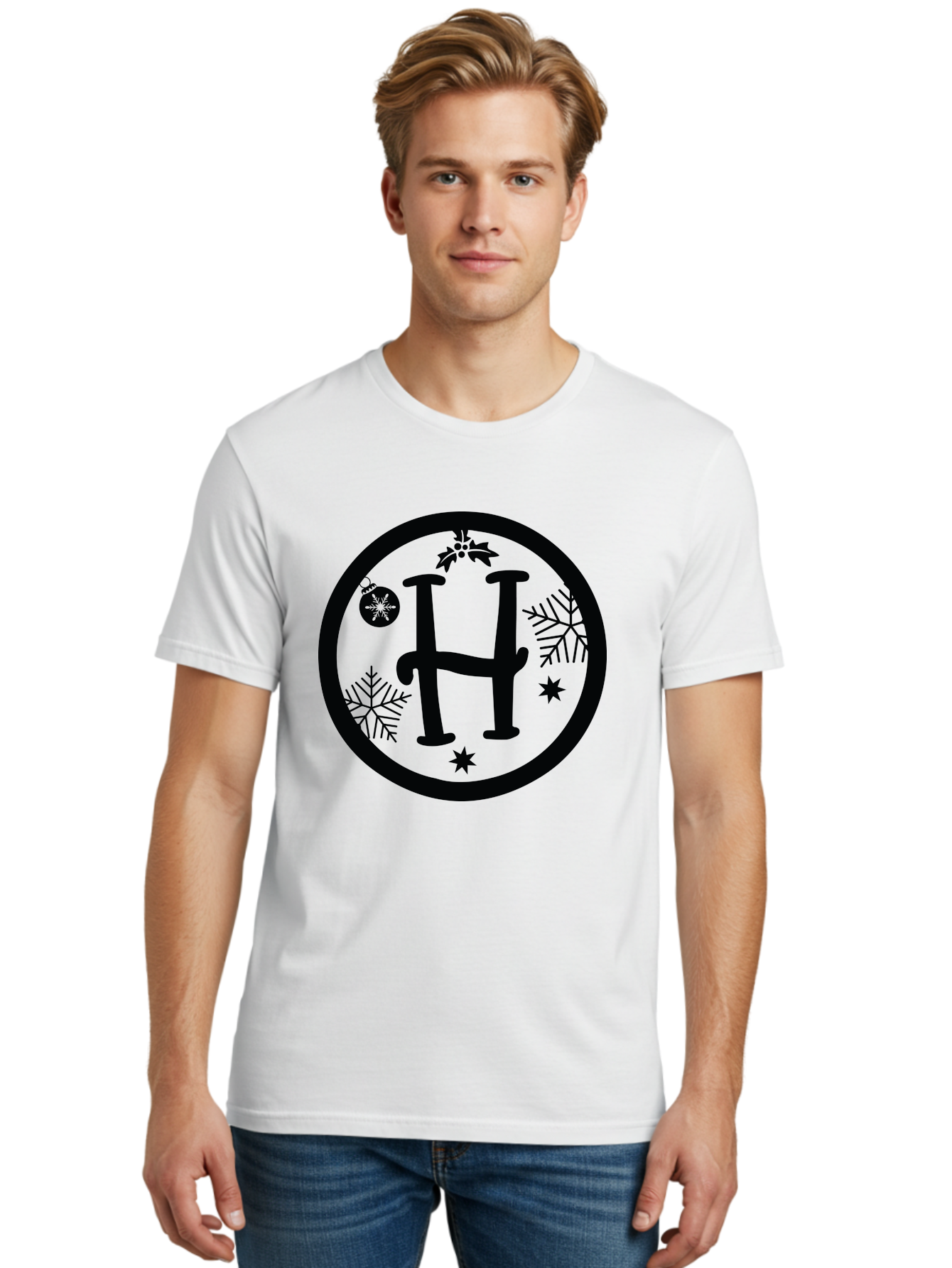 H Men'S Graphic Tee, 100% Cotton, Comfortable Casual Summer Wear, Machine Washable, H Logo, Black Letter, Circular Frame, Snowflakes, Stars, Christmas Ornament, Winter Theme, Festive Design, Holiday Graphics, Decorative Elements Aac786