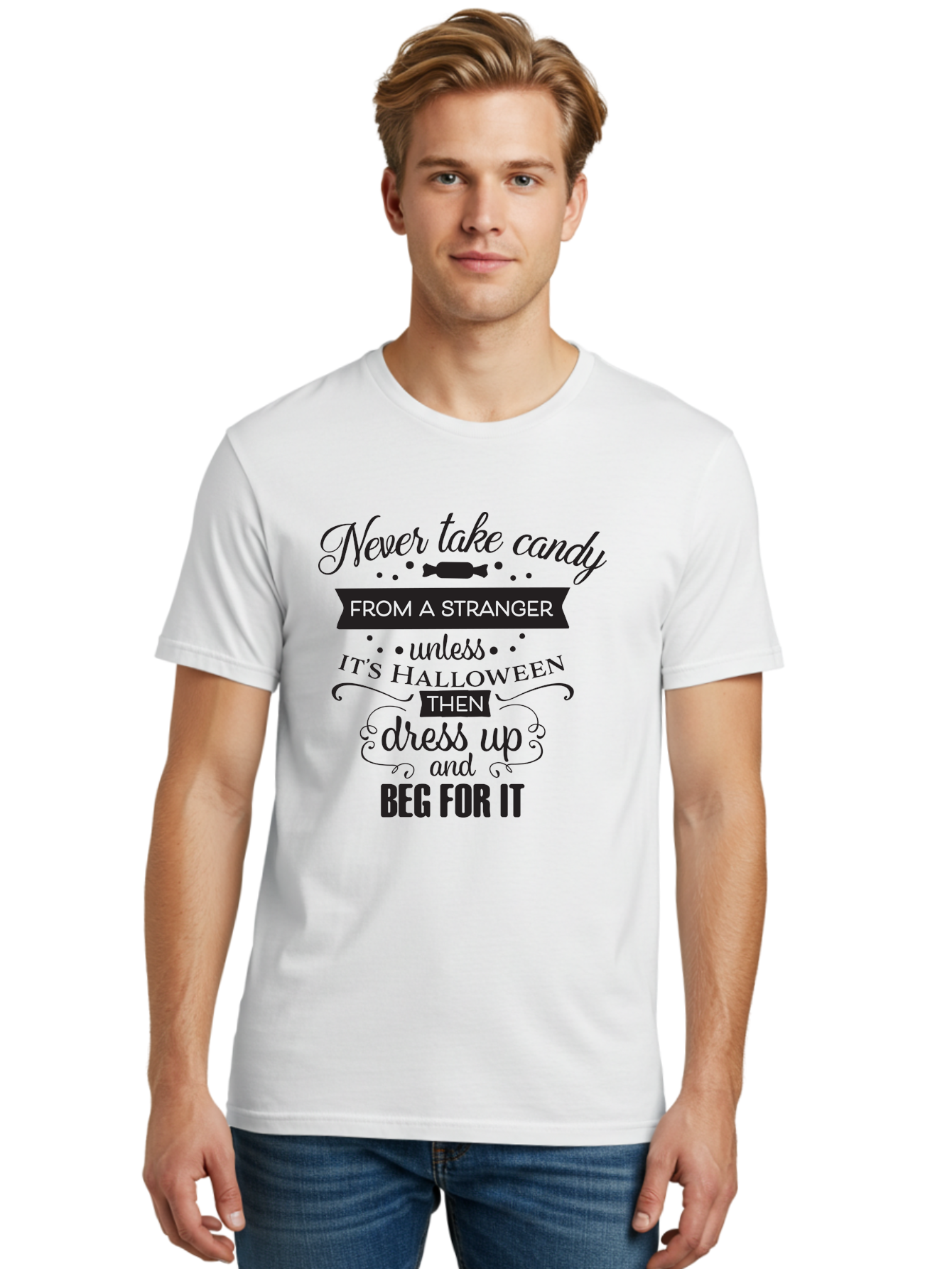 Halloween-Candy-Safety Men'S Graphic Tee, 100% Cotton, Comfortable Casual Summer Wear, Machine Washable, Halloween Safety, Candy From Strangers, Trick-Or-Treat, Halloween Humor, Funny Quotes, Candy Begging, Halloween Fun Aac787