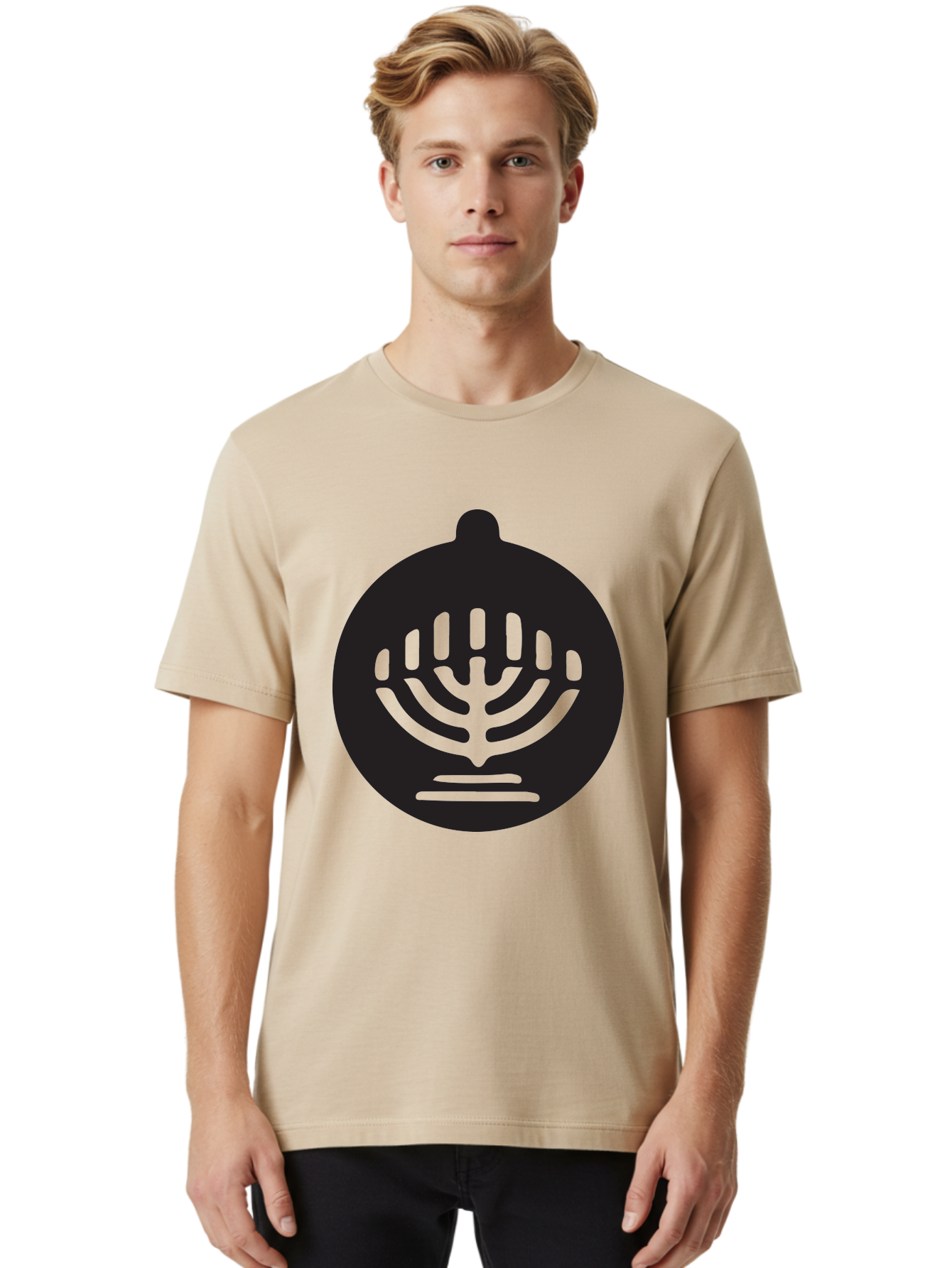 Hamsa-Menorah Men'S Graphic Tee, 100% Cotton, Comfortable Casual Summer Wear, Machine Washable, Hamsa And Menorah Symbol, Jewish Faith And Tradition, Protective Hamsa Hand, Seven-Branched Menorah, Faith And Spirituality, Cultural Heritage Aac789