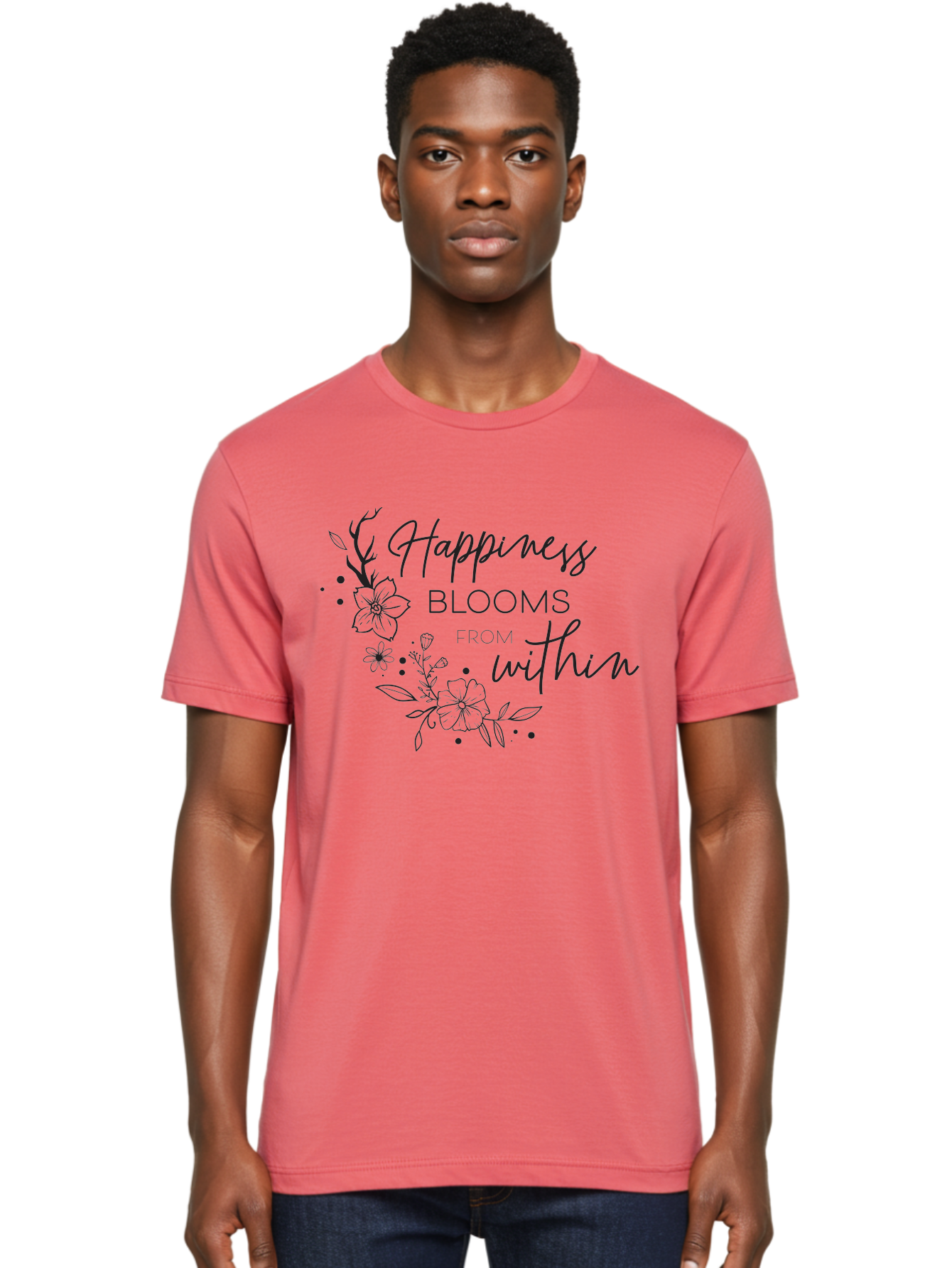 Happiness-Blooms Men'S Graphic Tee, 100% Cotton, Comfortable Casual Summer Wear, Machine Washable, Happiness Blooms, Inner Happiness, Positive Affirmations, Floral Designs, Inspirational Quotes, Motivational Quotes, Floral Illustrations, Aac794