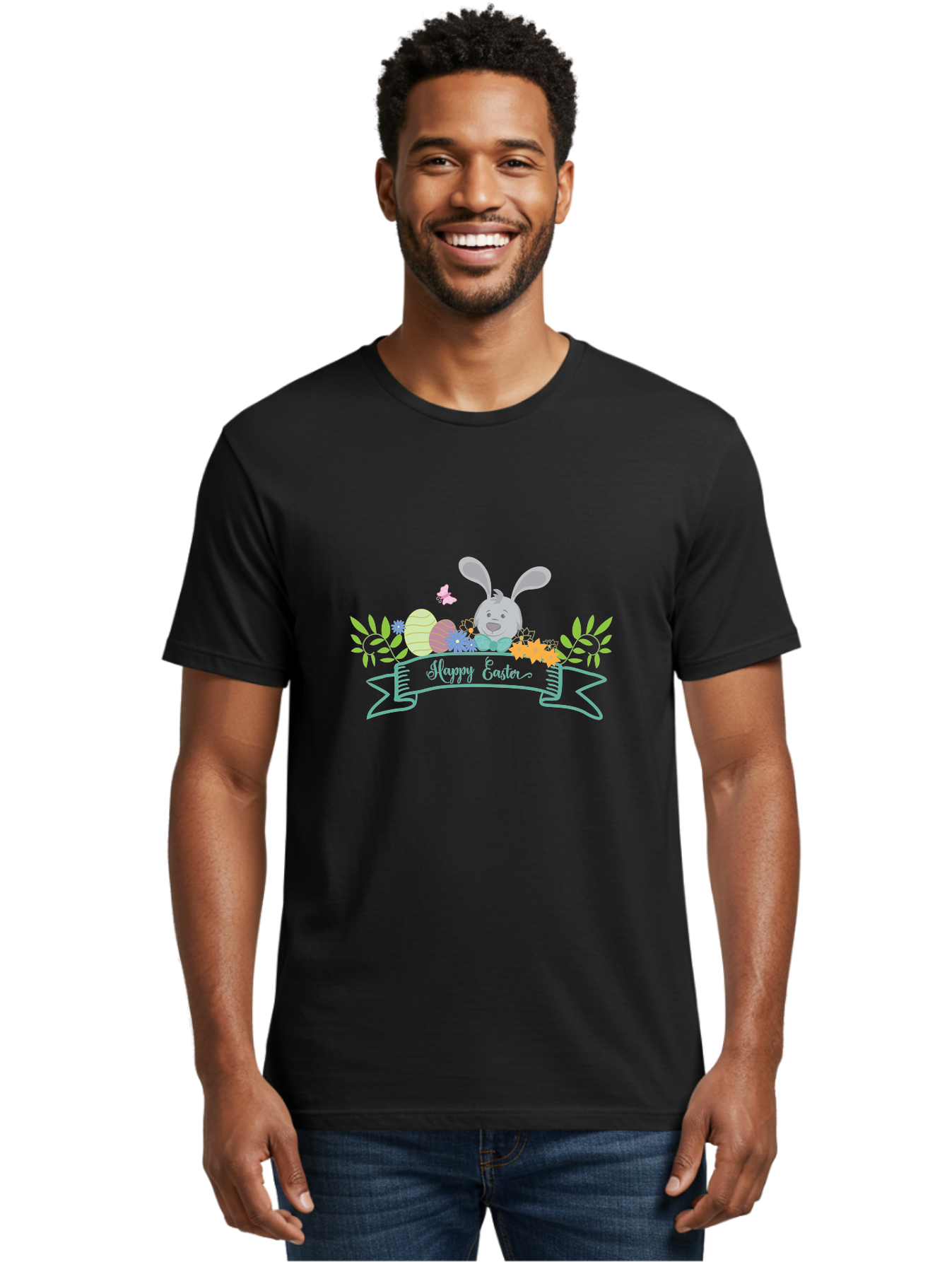 Happy-Easter-1 Men'S Graphic Tee, 100% Cotton, Comfortable Casual Summer Wear, Machine Washable, Easter Bunny, Easter Eggs, Decorated Eggs, Spring Flowers, Festive Atmosphere, Pastel Colors, Cartoon Style, Easter Greeting, Joyful Celebration, Aac795