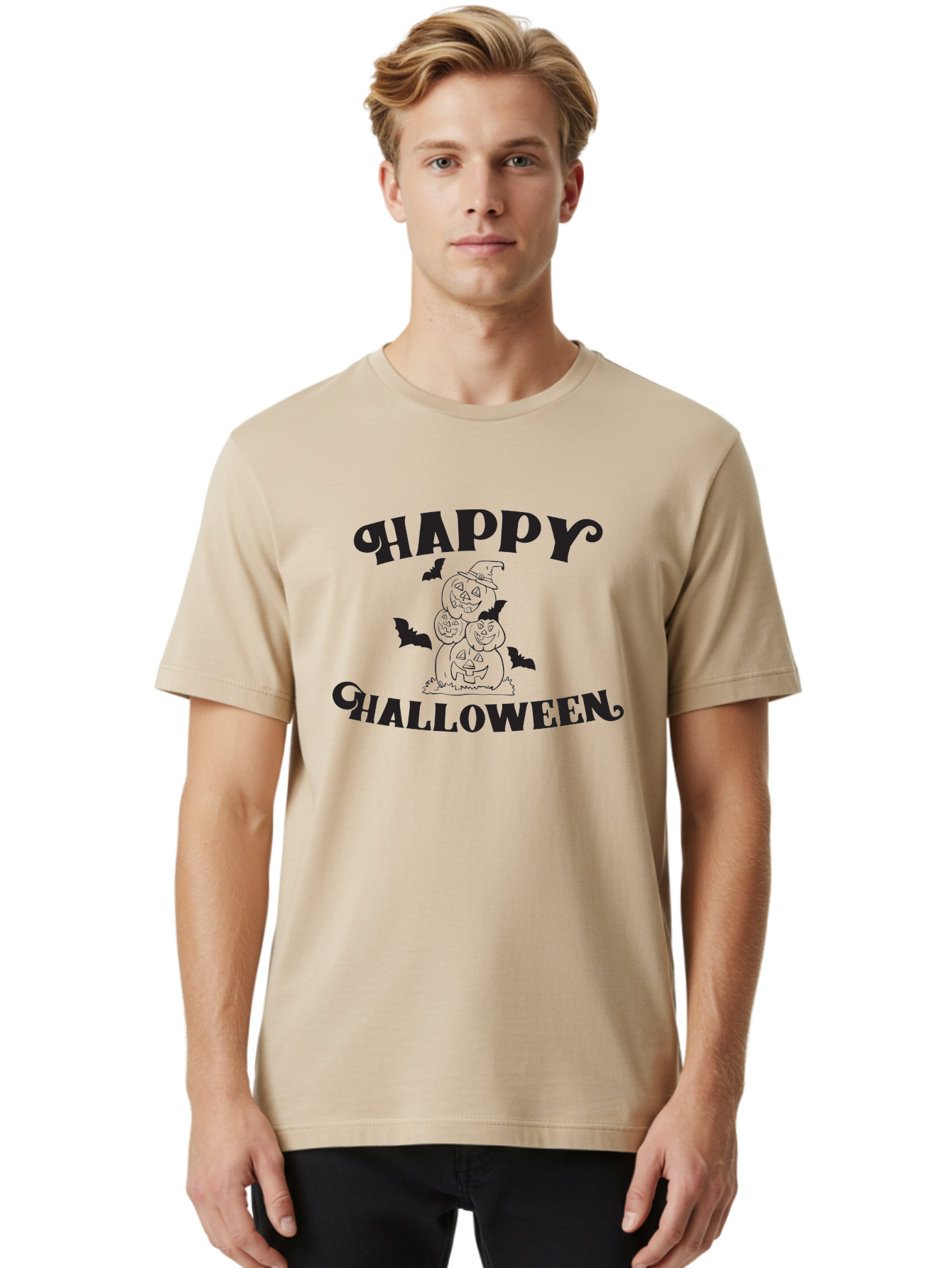 Happy-Halloween Men'S Graphic Tee, 100% Cotton, Comfortable Casual Summer Wear, Machine Washable, Halloween Pumpkins, Jack O' Lanterns, Spooky Bats, Pumpkin Stack, Witch Hat, Halloween Graphics, Halloween Illustrations, Seasonal Design, Aac797