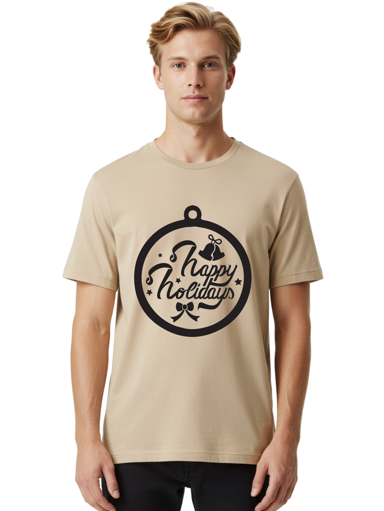 Happy-Holidays Men'S Graphic Tee, 100% Cotton, Comfortable Casual Summer Wear, Machine Washable, Happy Holidays, Christmas Ornament, Holiday Greeting, Festive Decoration, Black Silhouette, Bells And Bow, Stars, Holiday Cheer, Christmas Gift, Aac798