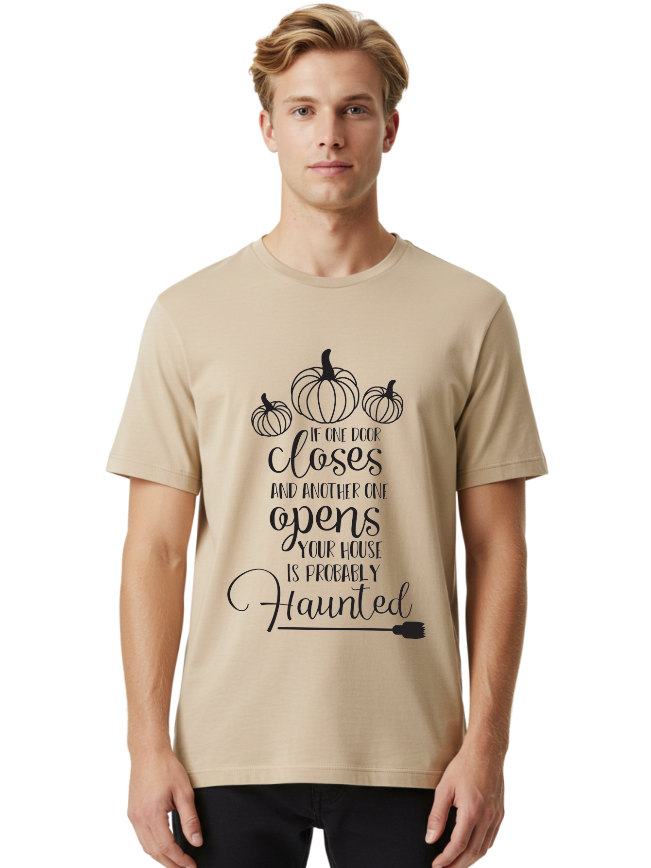 Haunted-House-Quote Men'S Graphic Tee, 100% Cotton, Comfortable Casual Summer Wear, Machine Washable, Halloween Quote, Spooky Sayings, Haunted House, Autumn Decorations, Pumpkin Illustrations, Black Silhouettes, Witch'S Broom, Fall Vibes, Aac799