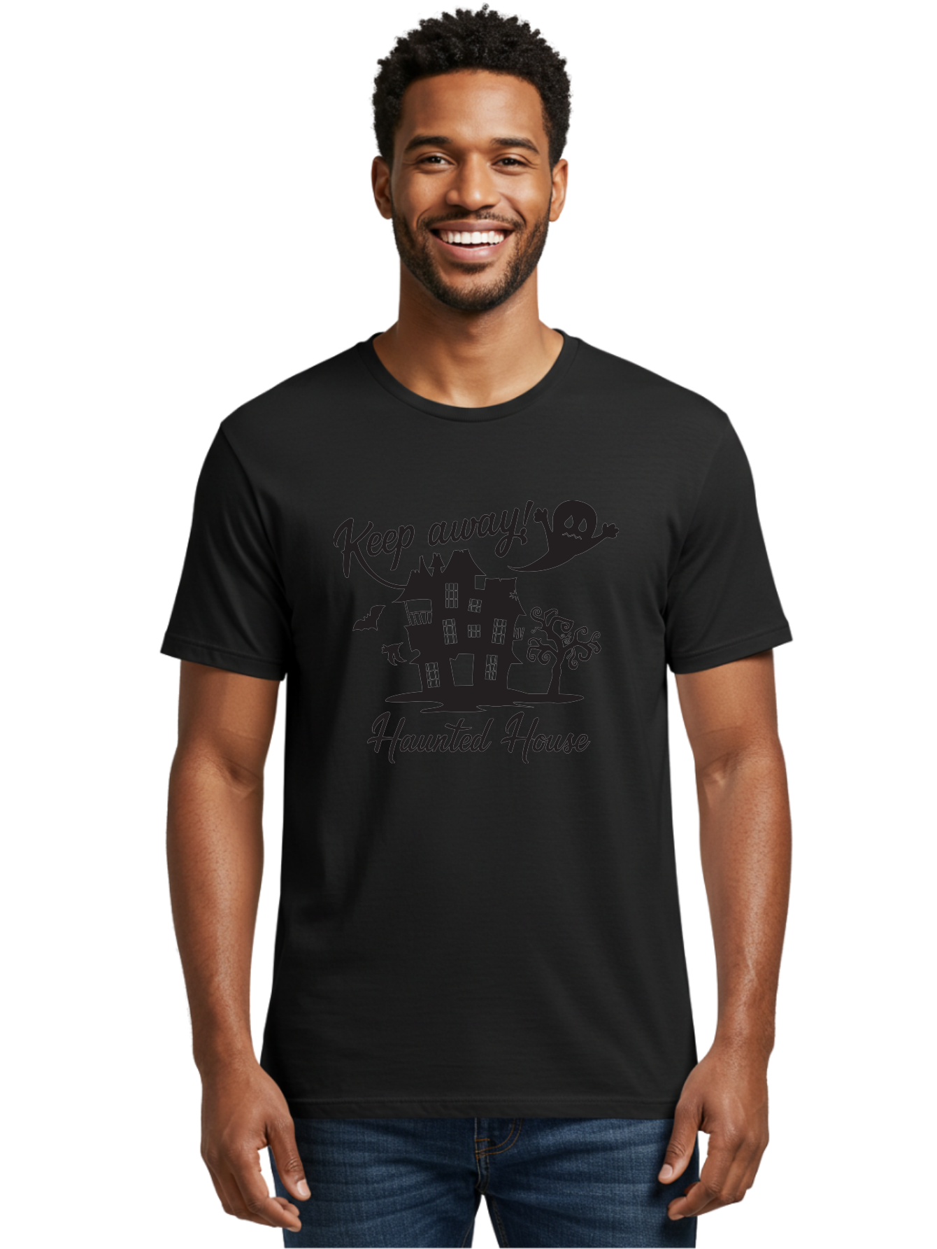 Haunted-House Men'S Graphic Tee, 100% Cotton, Comfortable Casual Summer Wear, Machine Washable, Spooky Haunted House, Ghostly Apparitions, Haunted Mansion, Creepy Atmosphere, Scary Halloween Decorations, Bats, Ghost, Keep Away, Haunted House, Aac800