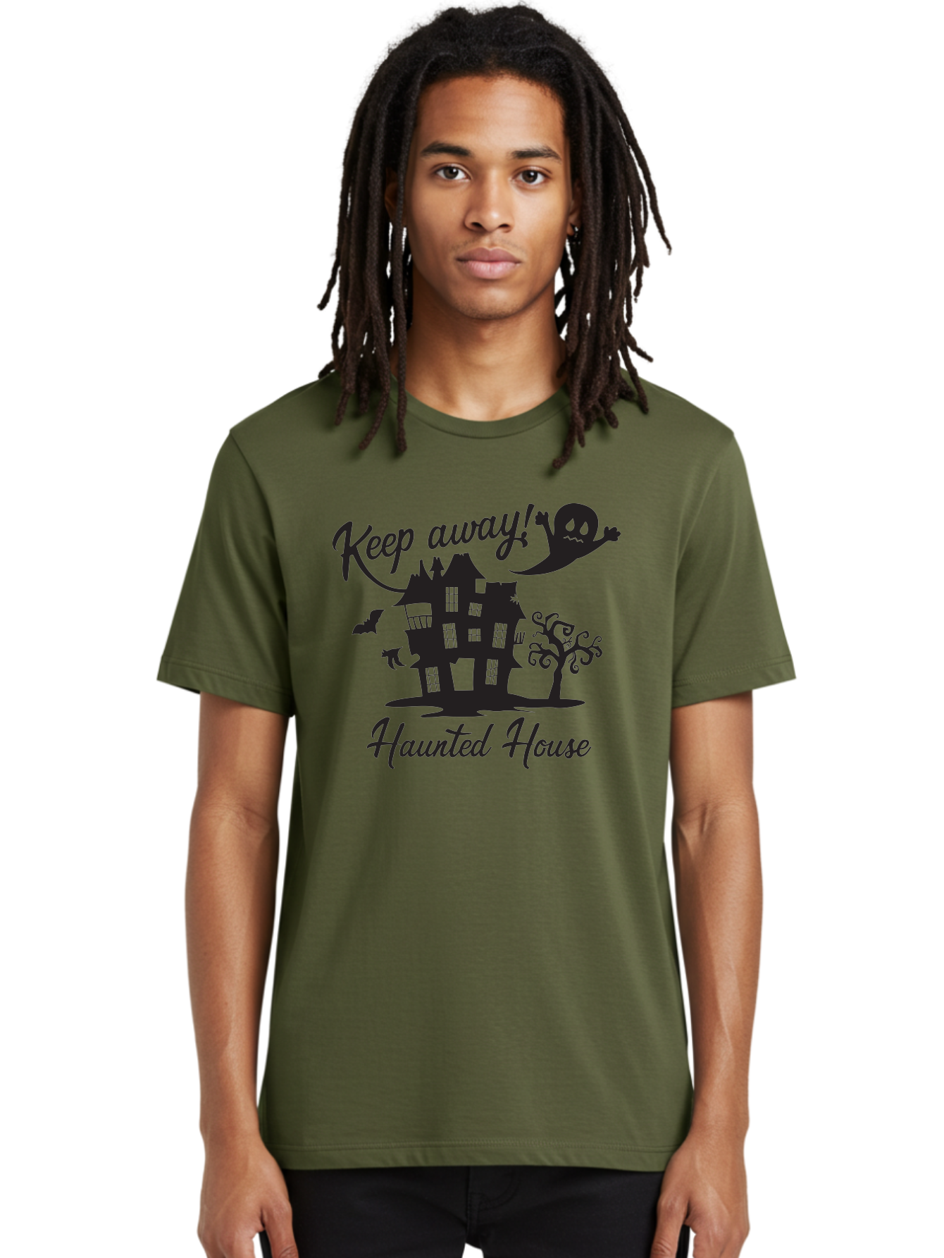 Haunted-House Men'S Graphic Tee, 100% Cotton, Comfortable Casual Summer Wear, Machine Washable, Spooky Haunted House, Ghostly Apparitions, Haunted Mansion, Creepy Atmosphere, Scary Halloween Decorations, Bats, Ghost, Keep Away, Haunted House, Aac800