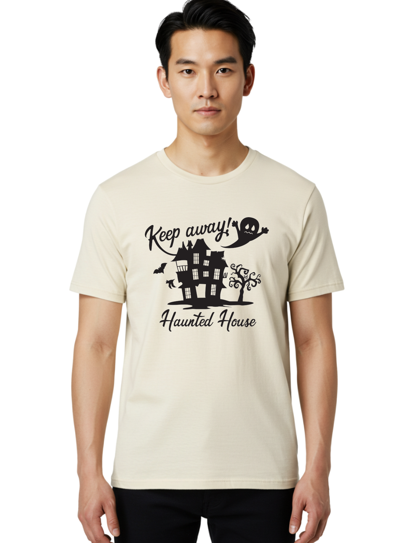 Haunted-House Men'S Graphic Tee, 100% Cotton, Comfortable Casual Summer Wear, Machine Washable, Spooky Haunted House, Ghostly Apparitions, Haunted Mansion, Creepy Atmosphere, Scary Halloween Decorations, Bats, Ghost, Keep Away, Haunted House, Aac800