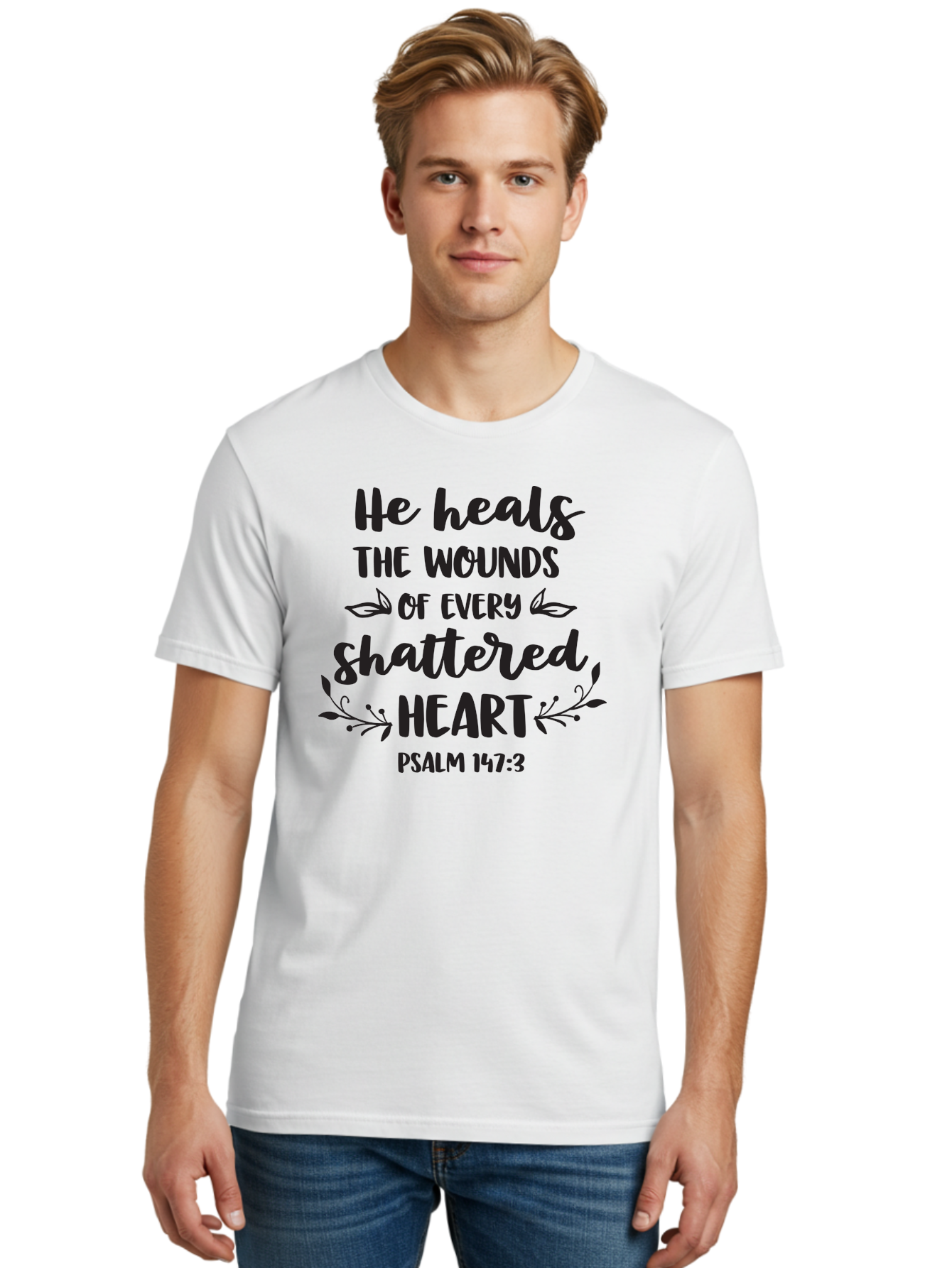 He-Heals-The-Wounds-Of-Every-Shattered-Heart-Psalm-147-3 Men'S Graphic Tee, 100% Cotton, Comfortable Casual Summer Wear, Machine Washable, Inspirational Quote, Bible Verse, Healing Scripture, Psalm 147:3, Heart Healing, Faith Based, Aac804
