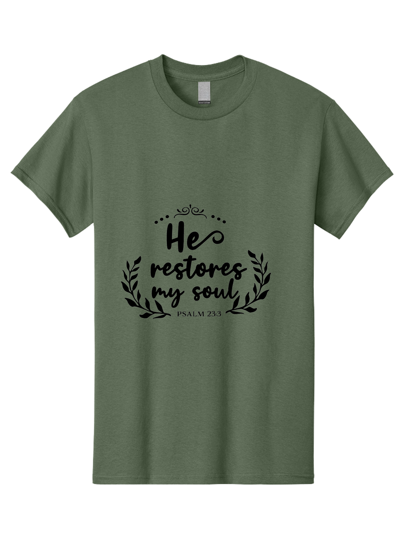 He-Restores-My-Soul Men'S Graphic Tee, 100% Cotton, Comfortable Casual Summer Wear, Machine Washable, Inspirational Quote, Psalm 23:3, Spiritual Message, Faith-Based Design, Motivational Quote, Biblical Verse, Soul Restoration, Leaves Wreath, Aac806