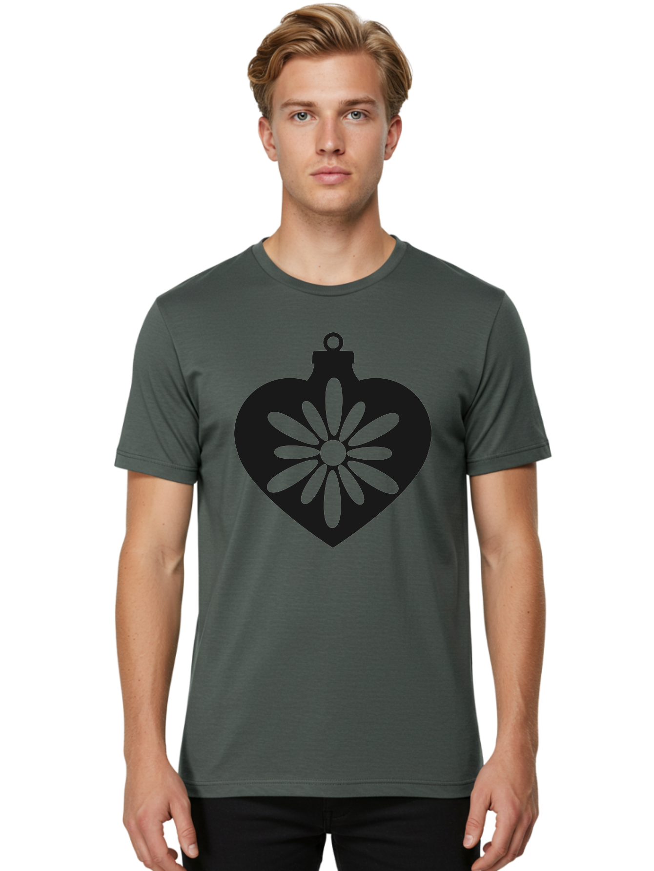 Heart-Ornament-With-Flower Men'S Graphic Tee, 100% Cotton, Comfortable Casual Summer Wear, Machine Washable, Heart Shaped Ornament, Floral Design, Flower Pattern, Black Silhouette, Green Accents, Christmas Decoration, Festive Symbol, Aac809
