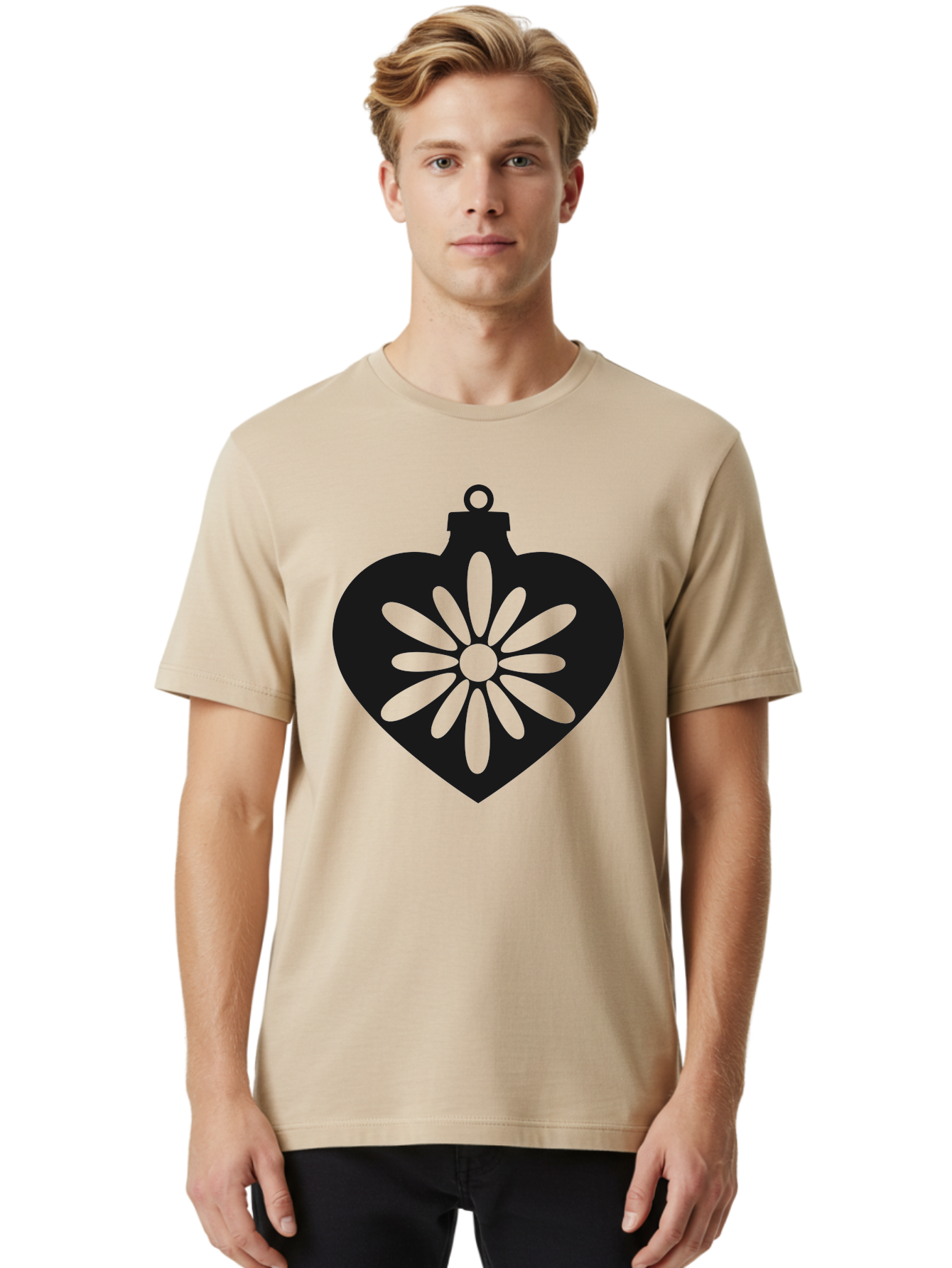 Heart-Ornament-With-Flower Men'S Graphic Tee, 100% Cotton, Comfortable Casual Summer Wear, Machine Washable, Heart Shaped Ornament, Floral Design, Flower Pattern, Black Silhouette, Green Accents, Christmas Decoration, Festive Symbol, Aac809