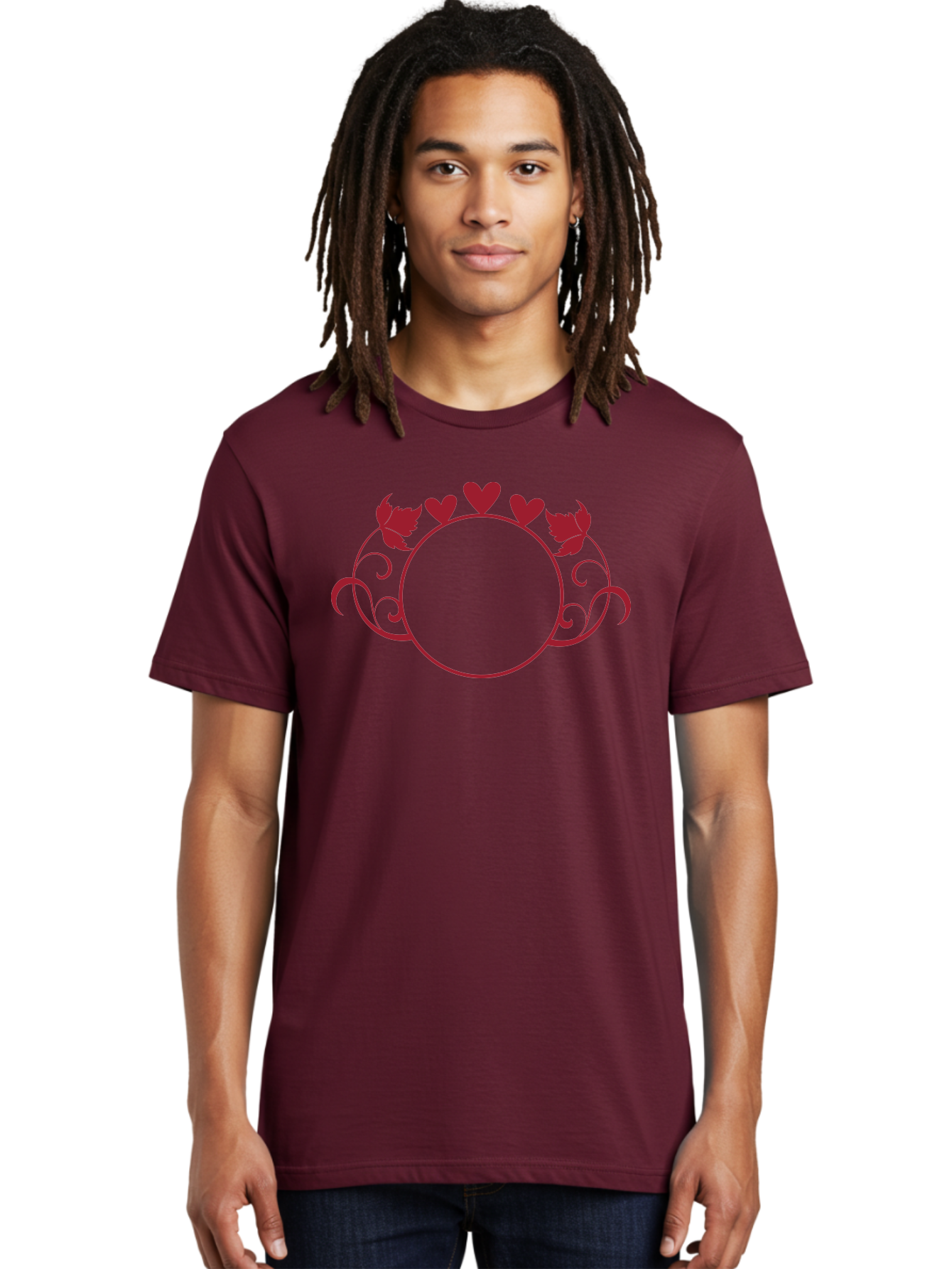 Hearts-And-Leaves-Circle Men'S Graphic Tee, 100% Cotton, Comfortable Casual Summer Wear, Machine Washable, Red Hearts, Leaves, Floral Frame, Decorative Border, Valentines Day Theme, Romantic Design, Elegant Frame, Love Symbol, Heart Shaped, Aac811