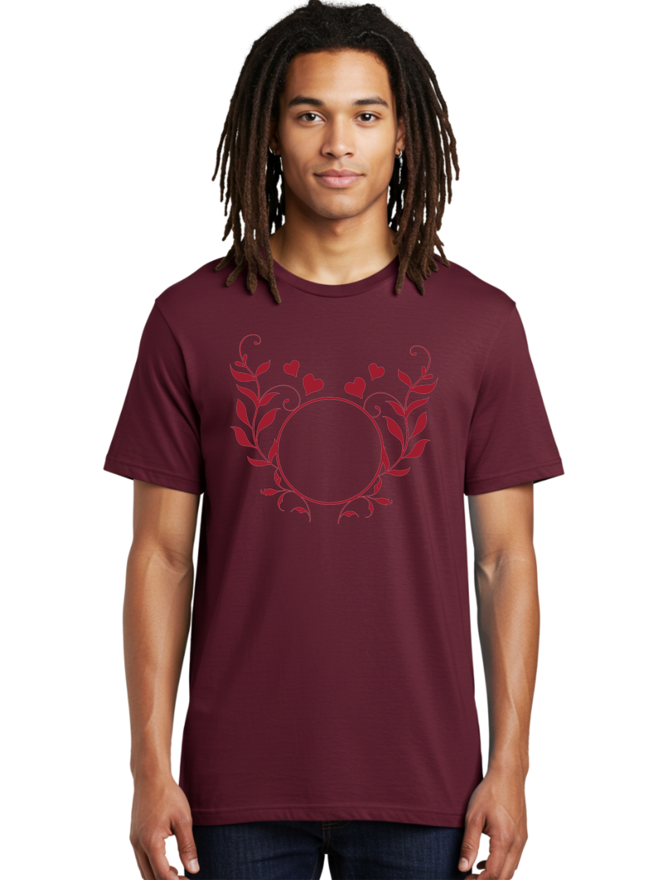 Hearts-And-Vines-Frame Men'S Graphic Tee, 100% Cotton, Comfortable Casual Summer Wear, Machine Washable, Floral Wreath, Red Hearts, Circle Frame, Elegant Design, Romantic Elements, Decorative Border, Heart Motif, Vine Pattern, Classic Style Aac812