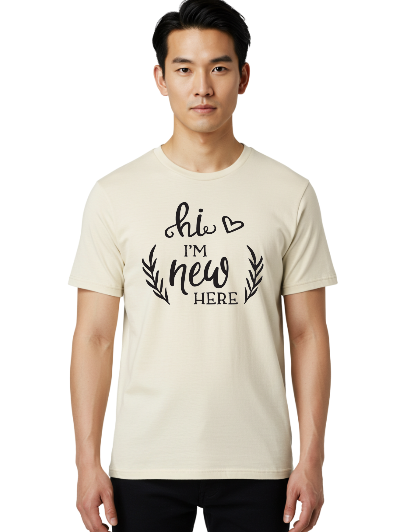 Hi-I-M-New-Here Men'S Graphic Tee, 100% Cotton, Comfortable Casual Summer Wear, Machine Washable, Social Media Greeting, New Community Member, Friendly Welcome, Introductory Post, Hello Message, Laurel Wreath Design, Heart Symbol, Aac818