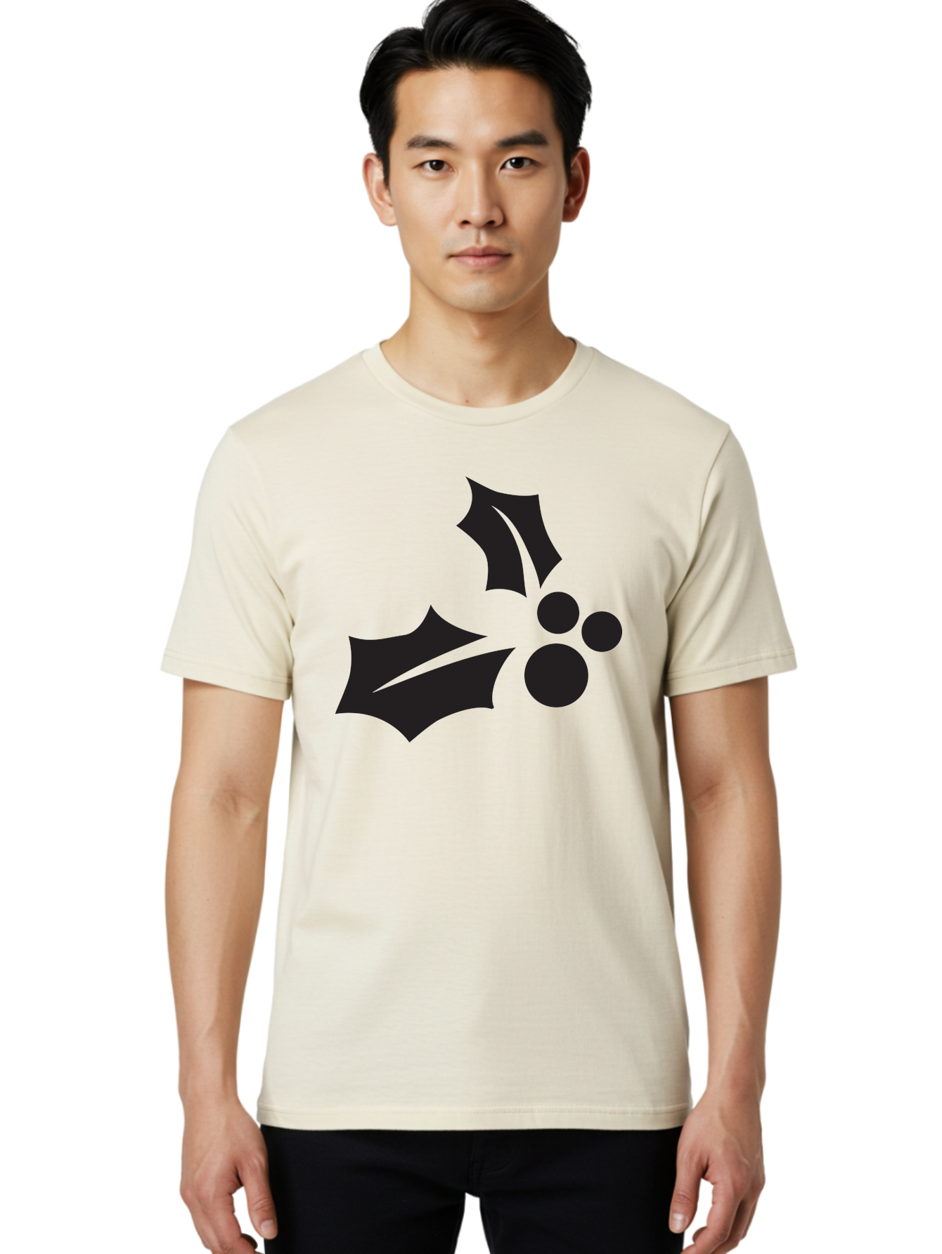 Holly-Leaves-And-Berries Men'S Graphic Tee, 100% Cotton, Comfortable Casual Summer Wear, Machine Washable, Holiday Holly, Christmas Leaves, Festive Berries, Black Silhouette, Minimalist Design, Winter Decor, Seasonal Graphics Aac823