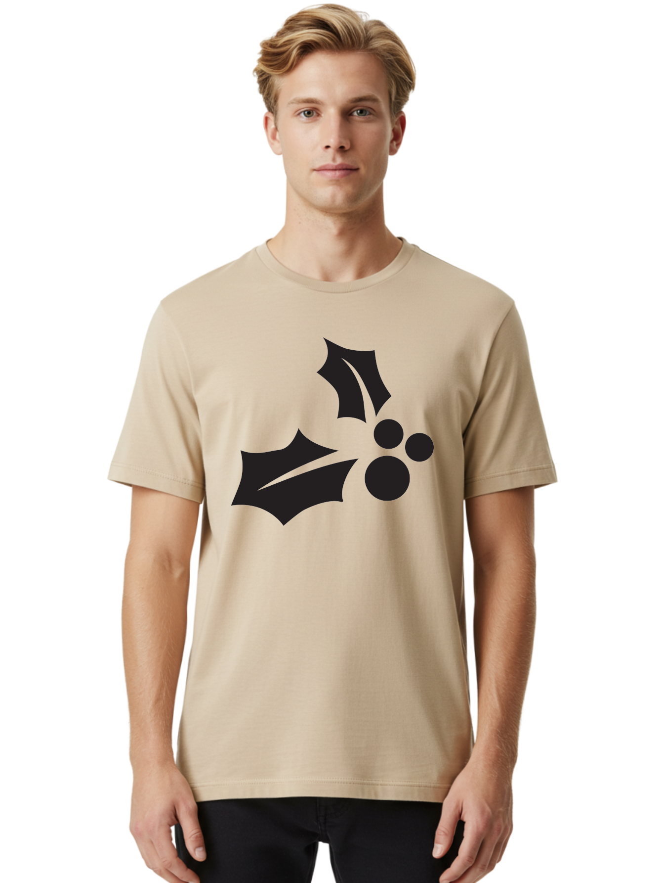 Holly-Leaves-And-Berries Men'S Graphic Tee, 100% Cotton, Comfortable Casual Summer Wear, Machine Washable, Holiday Holly, Christmas Leaves, Festive Berries, Black Silhouette, Minimalist Design, Winter Decor, Seasonal Graphics Aac823